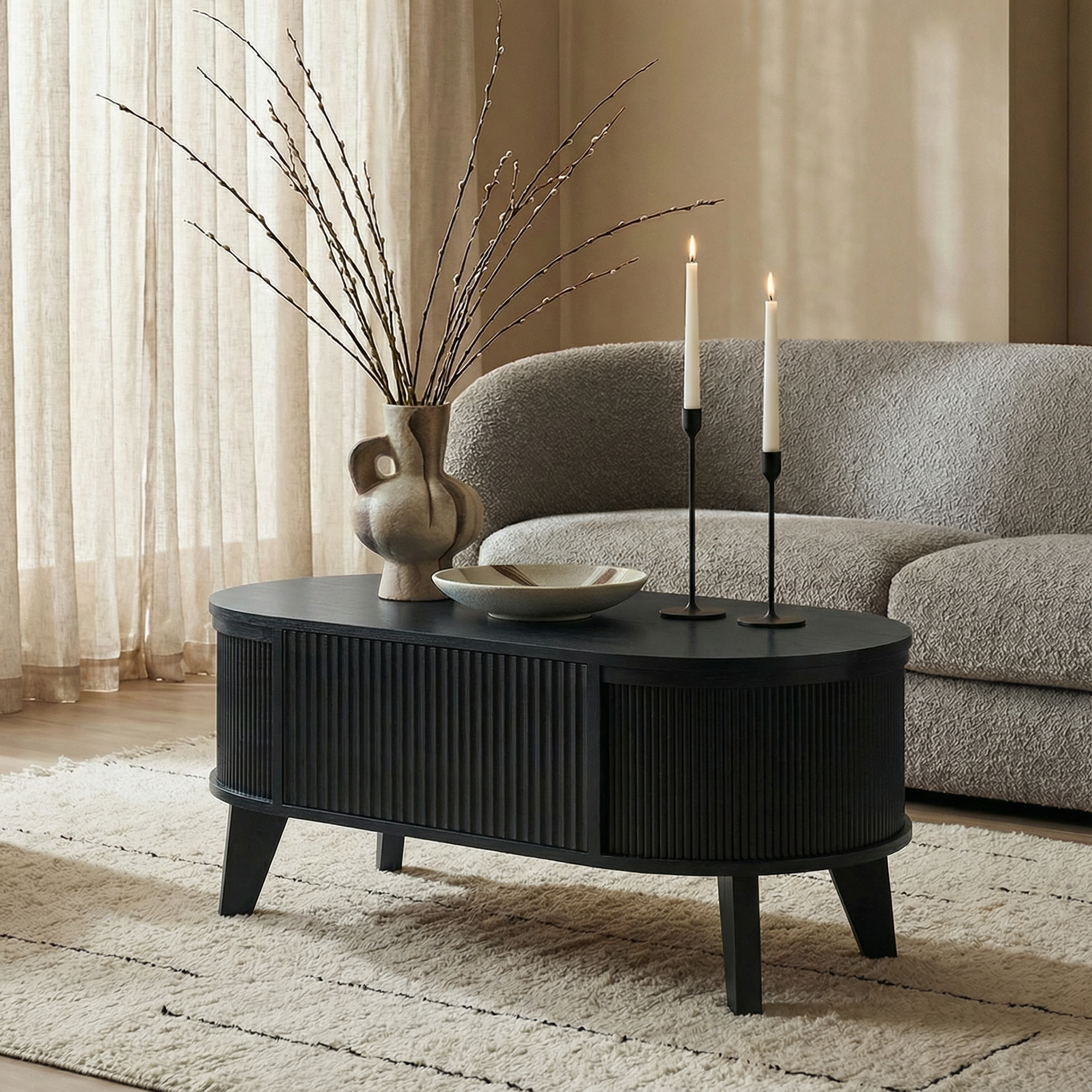 Fluted Lift Top Coffee Table with Storage for Living Room or Home Office-black