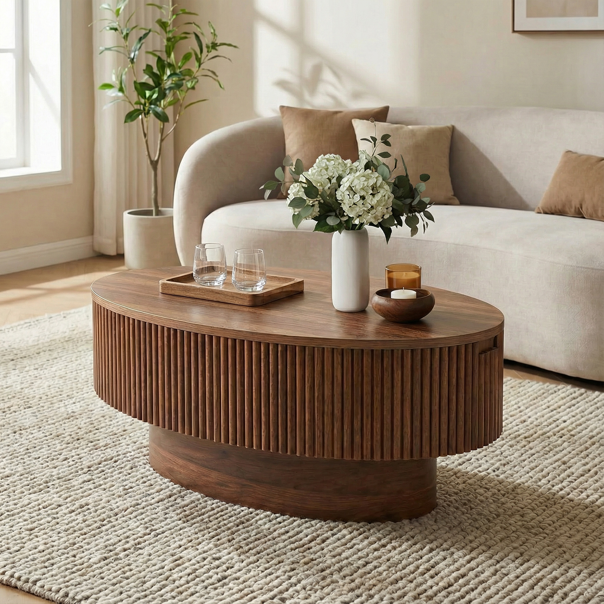 Coffee Table with Hidden Storage, 31.5 Inch Wide Modern Coffee Table, Center Table with Fluted Veneered