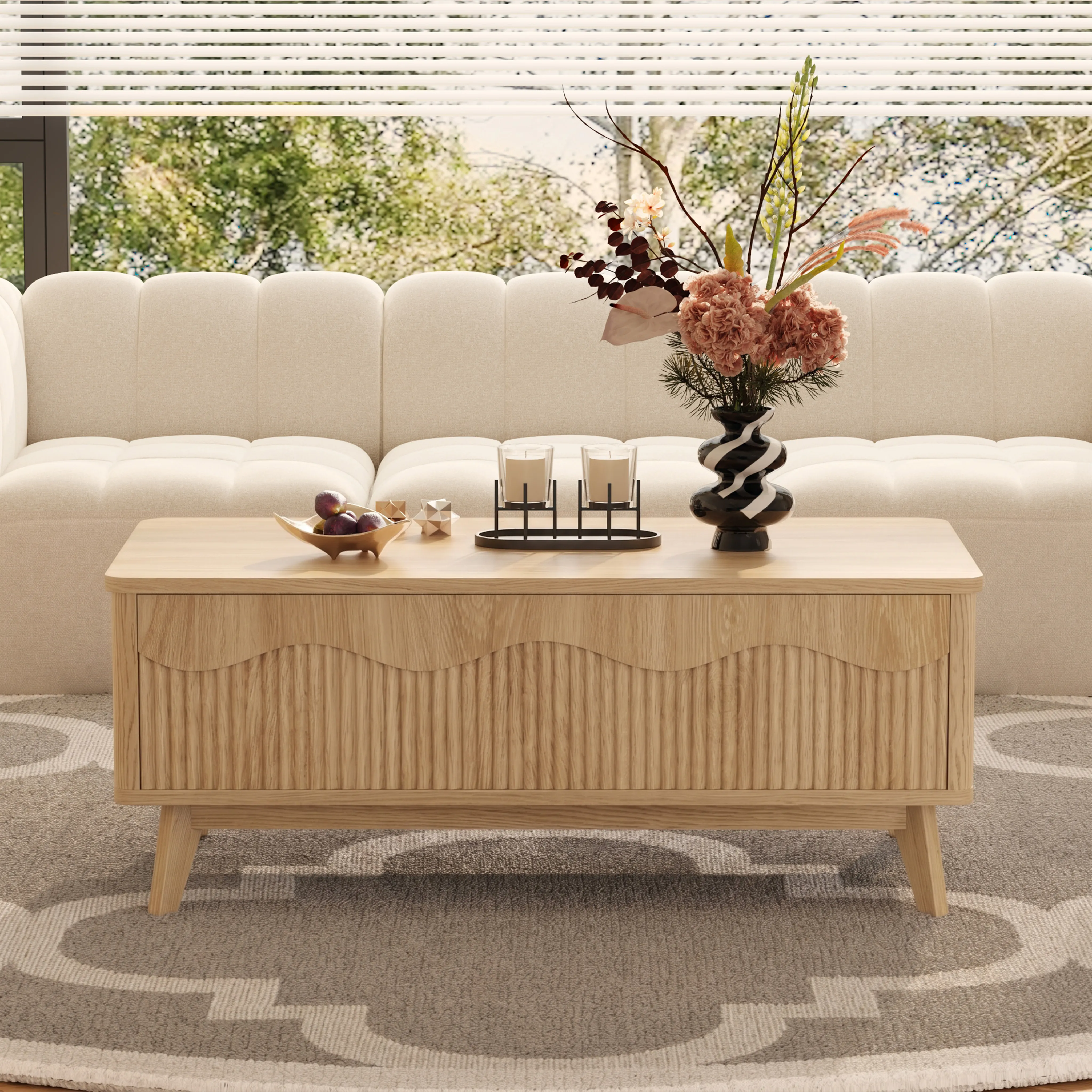LUPUK Scalloped Lift Top Coffee Table with Hidden Storage