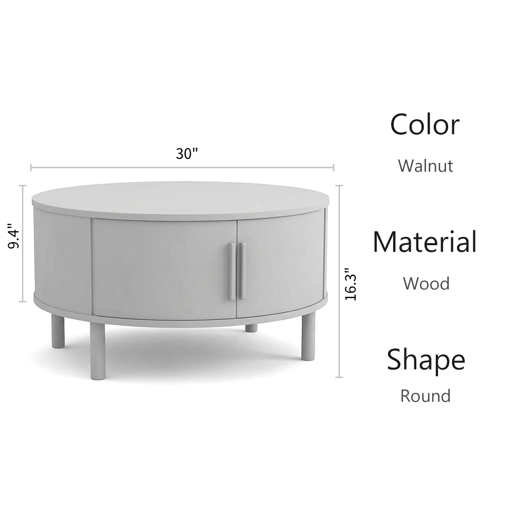 Modern Walnut Round Coffee Table with Fluted Design & Sliding-Door Storage
