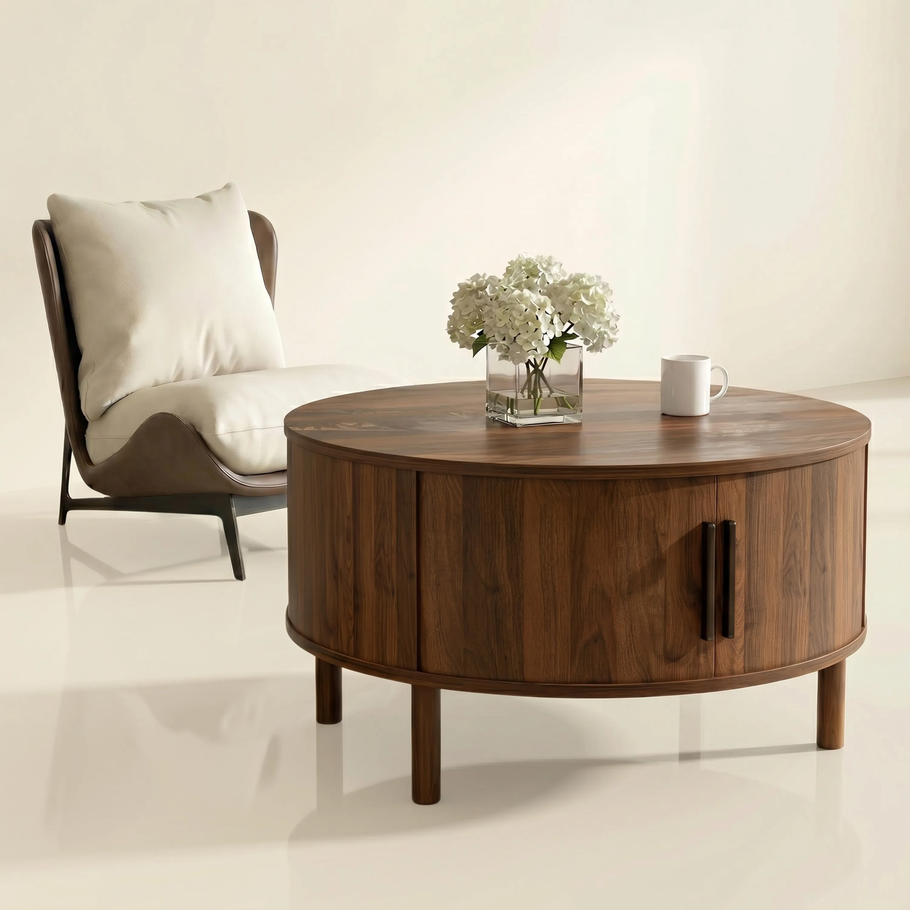 LUPUK Round Coffee Table with Sliding Door, Fluted Design Storage Table, Walnut