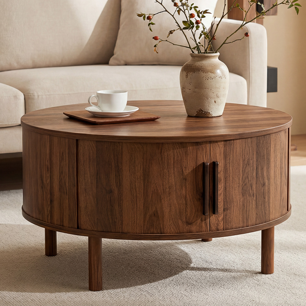 Modern Walnut Round Coffee Table with Fluted Design & Sliding-Door Storage