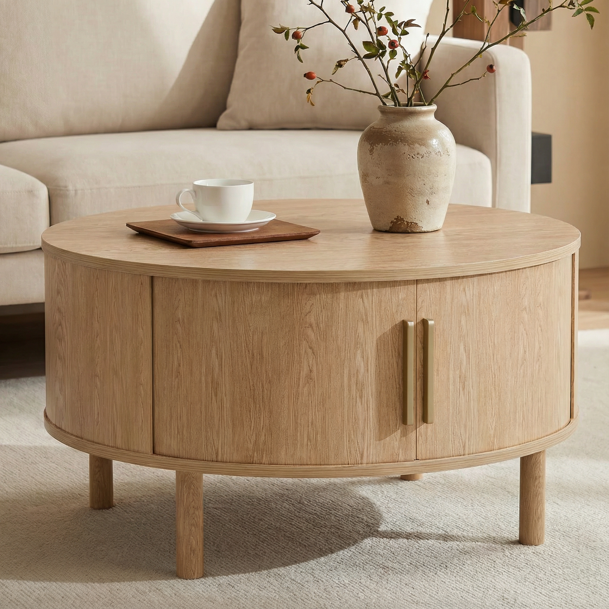 Modern Walnut Round Coffee Table with Fluted Design & Sliding-Door Storage - Oak