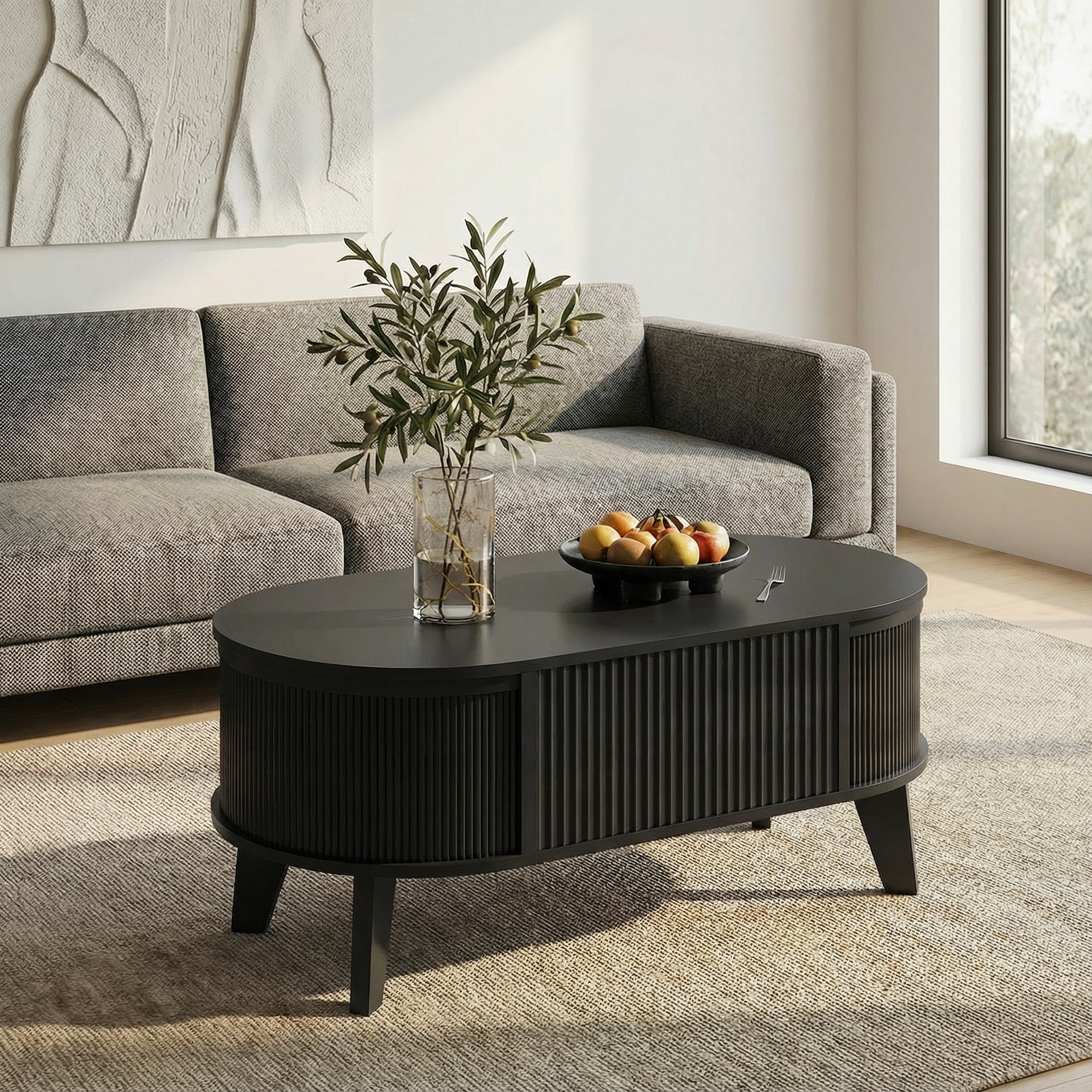 Fluted Lift Top Coffee Table with Storage for Living Room or Home Office-black