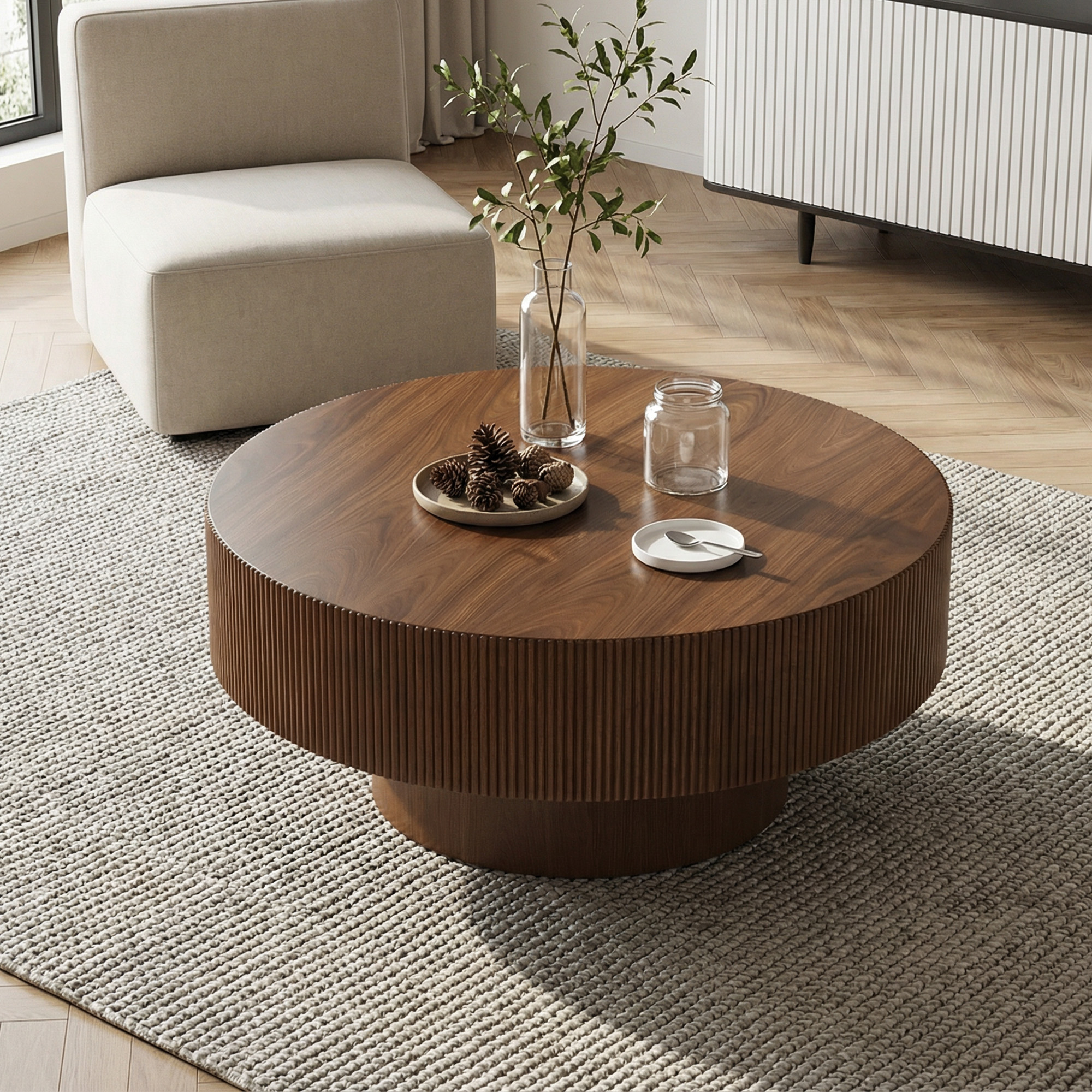 Modern Round Coffee Table with Sturdy Base, Wood Sofa Center Tables for Living Room-Walnut