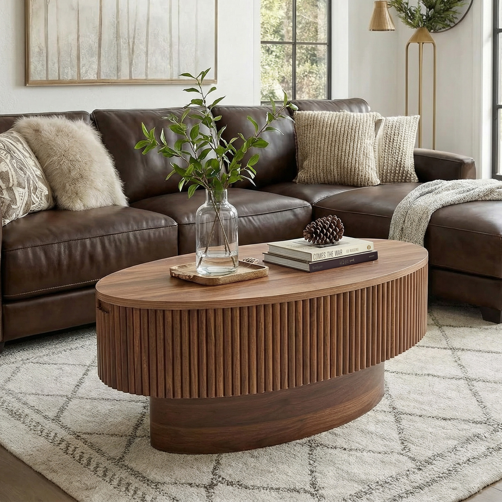 Coffee Table with Hidden Storage, 31.5 Inch Wide Modern Coffee Table, Center Table with Fluted Veneered