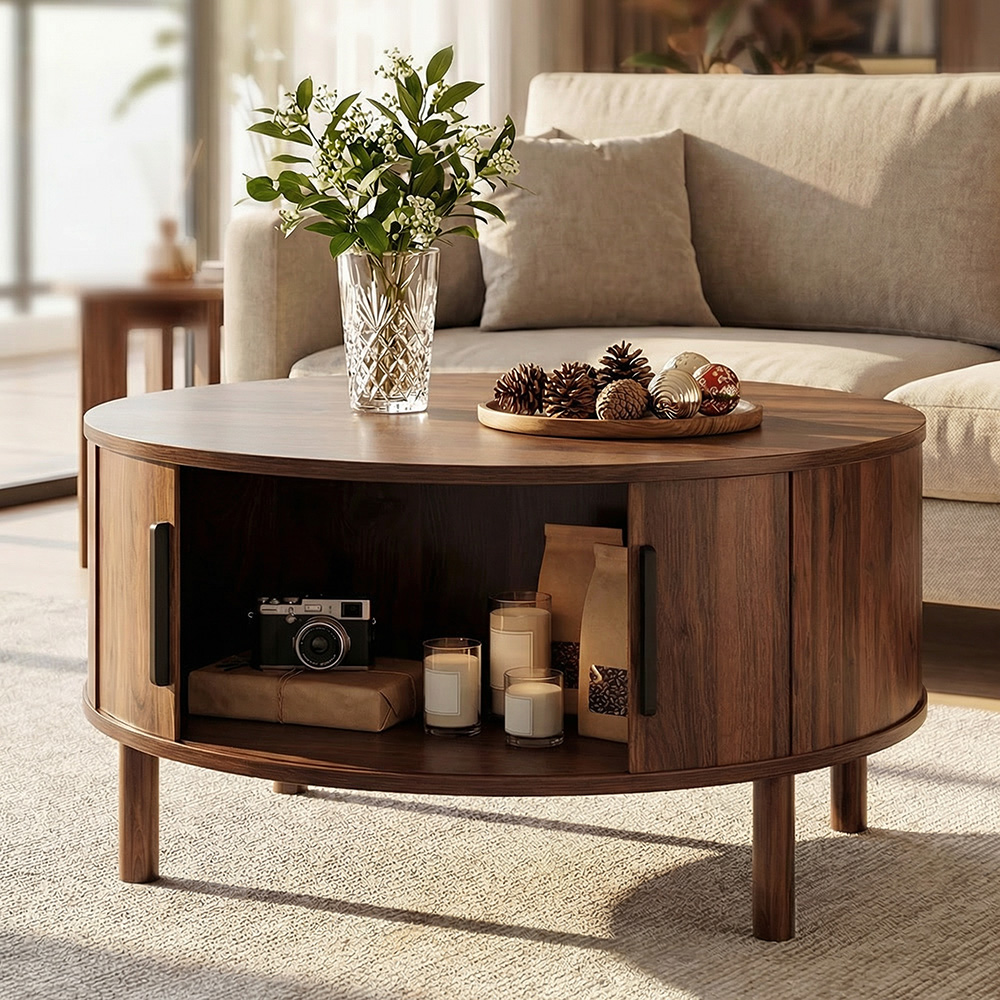 LUPUK Round Coffee Table with Sliding Door, Fluted Design Storage Table, Walnut