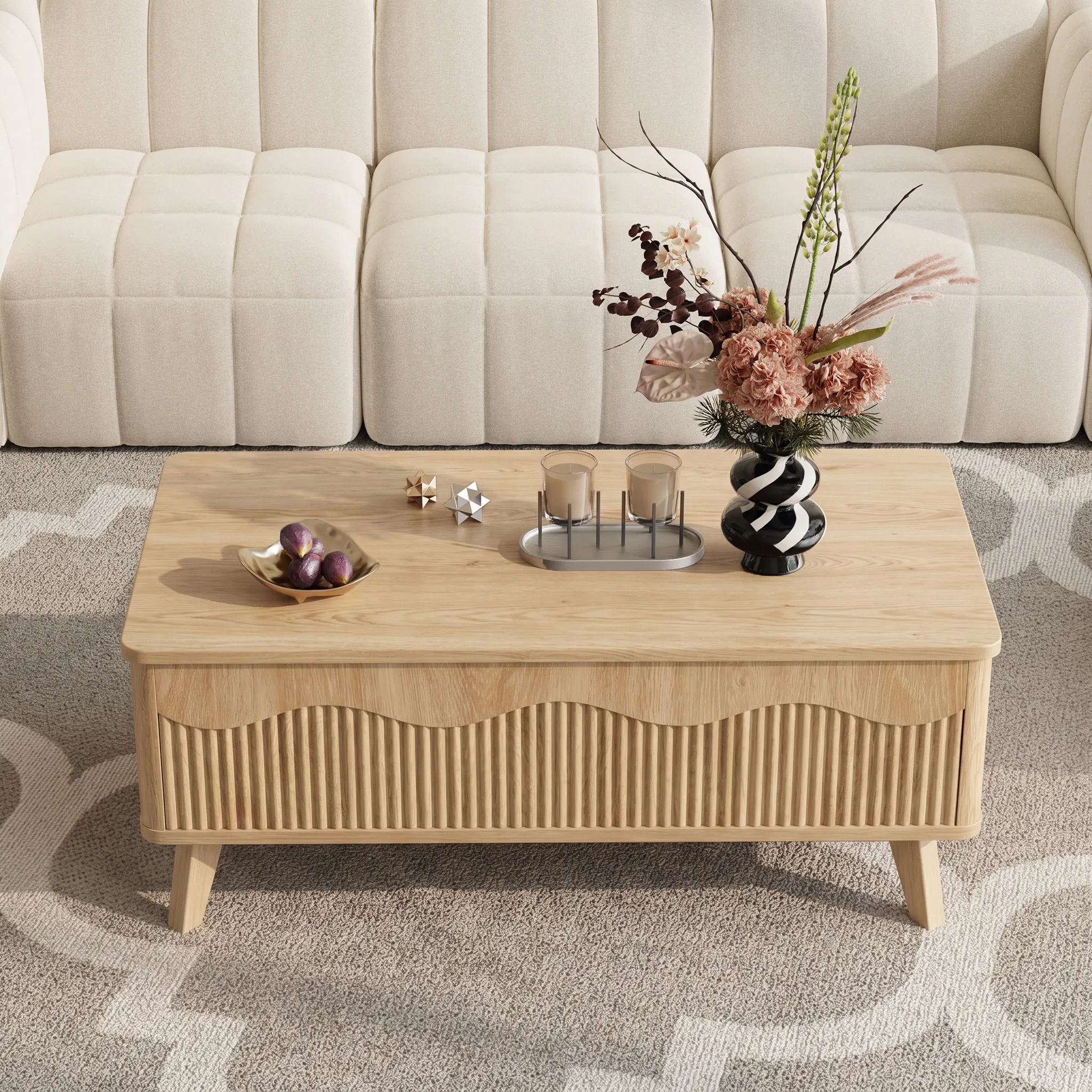 LUPUK Scalloped Lift Top Coffee Table with Hidden Storage