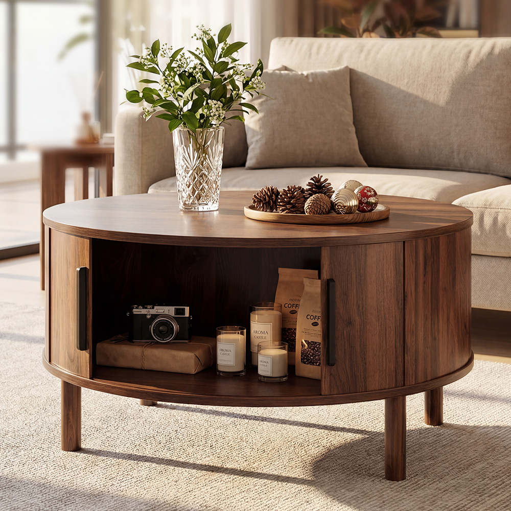 Modern Walnut Round Coffee Table with Fluted Design & Sliding-Door Storage
