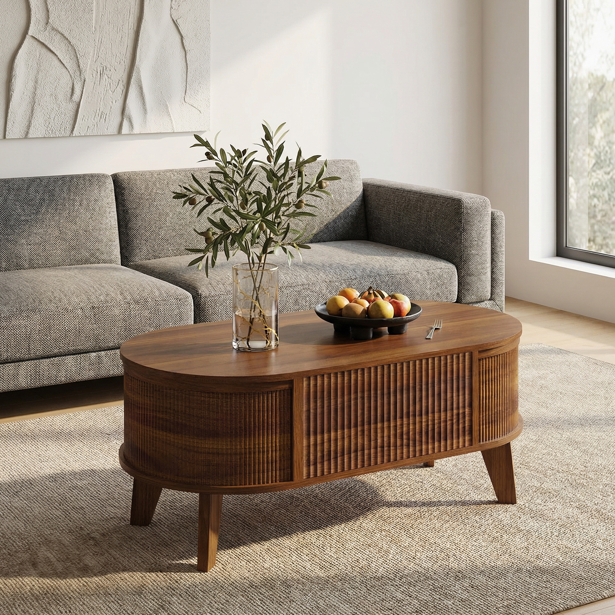 Fluted Lift Top Coffee Table with Storage for Living Room or Home Office