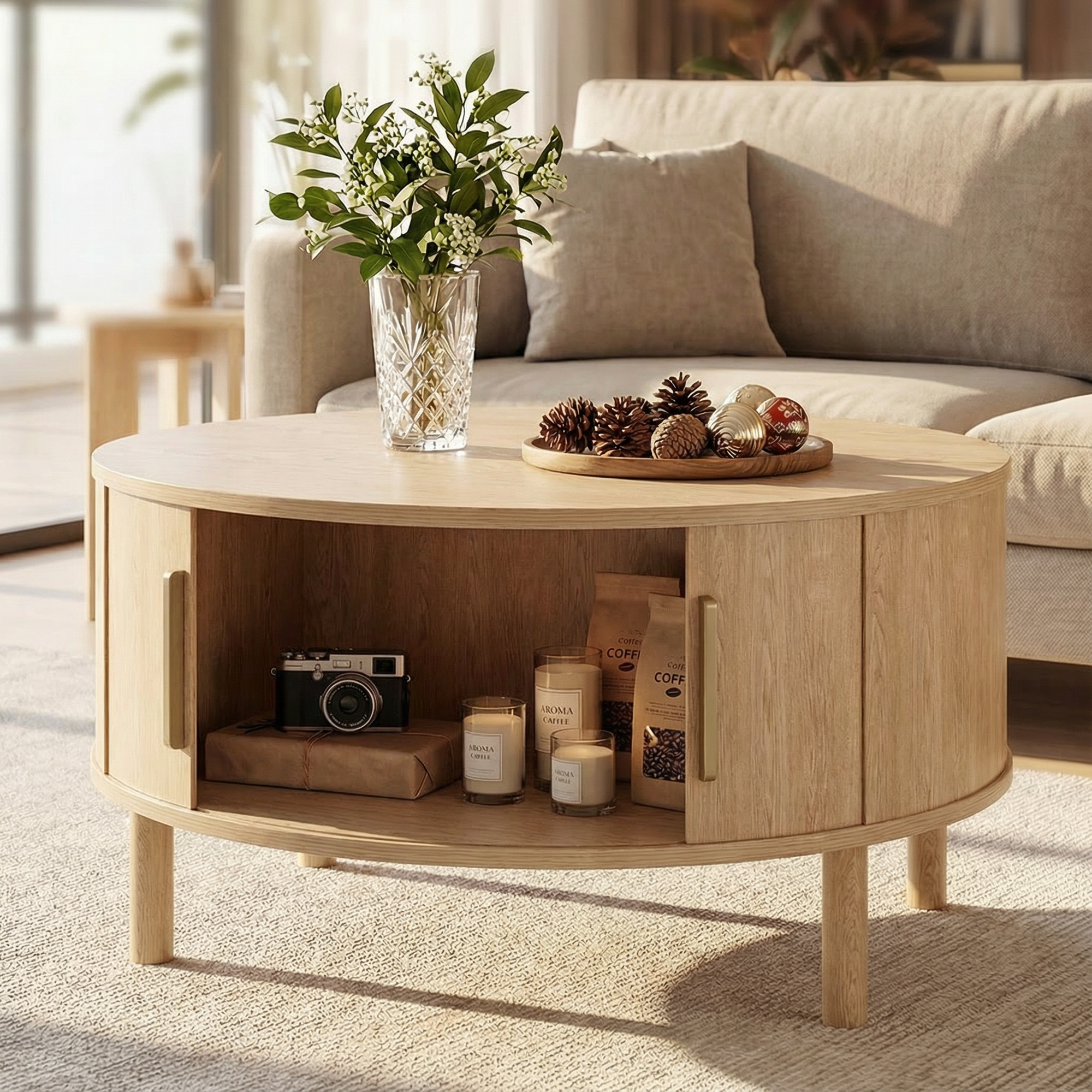 Modern Walnut Round Coffee Table with Fluted Design & Sliding-Door Storage - Oak