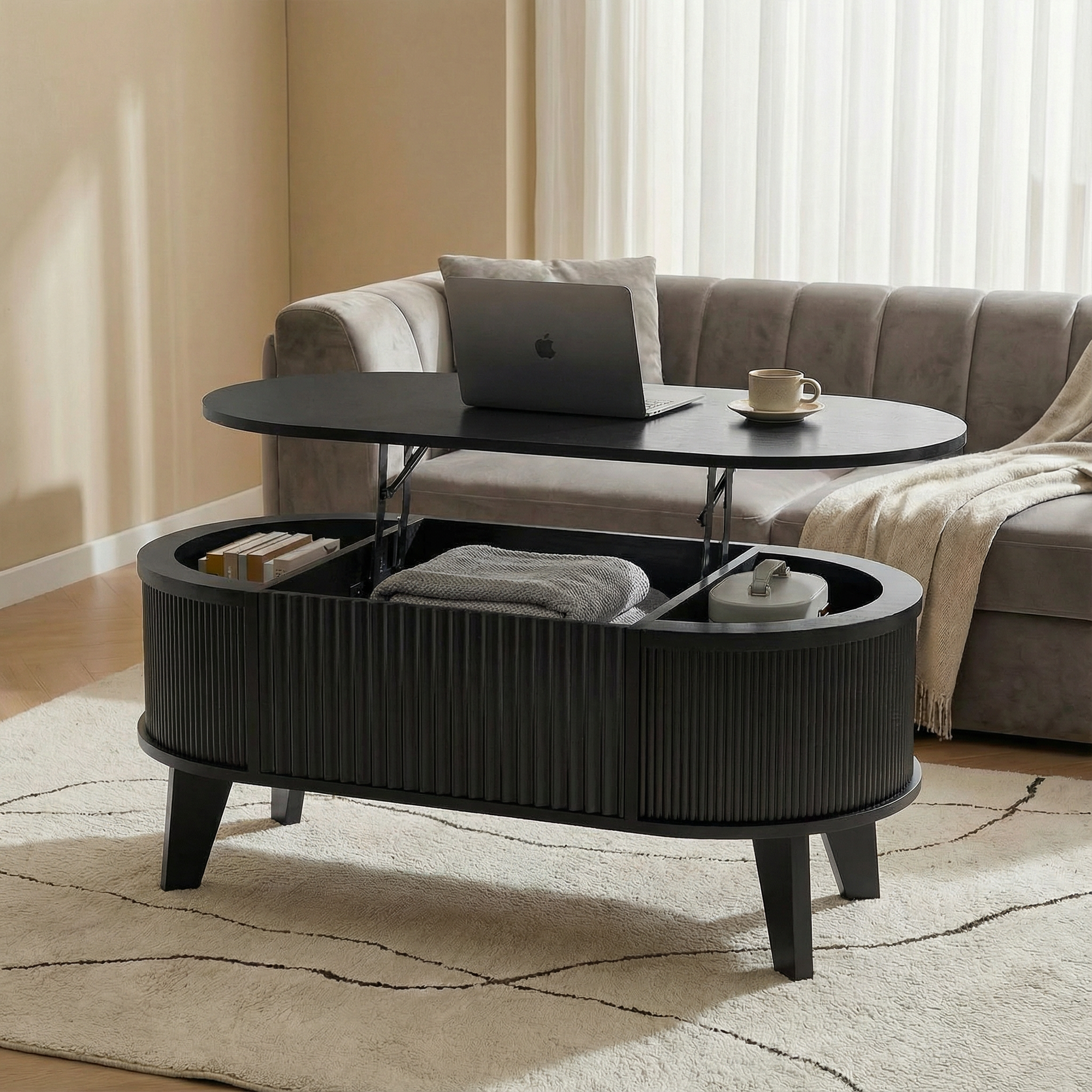 Fluted Lift Top Coffee Table with Storage for Living Room or Home Office-black