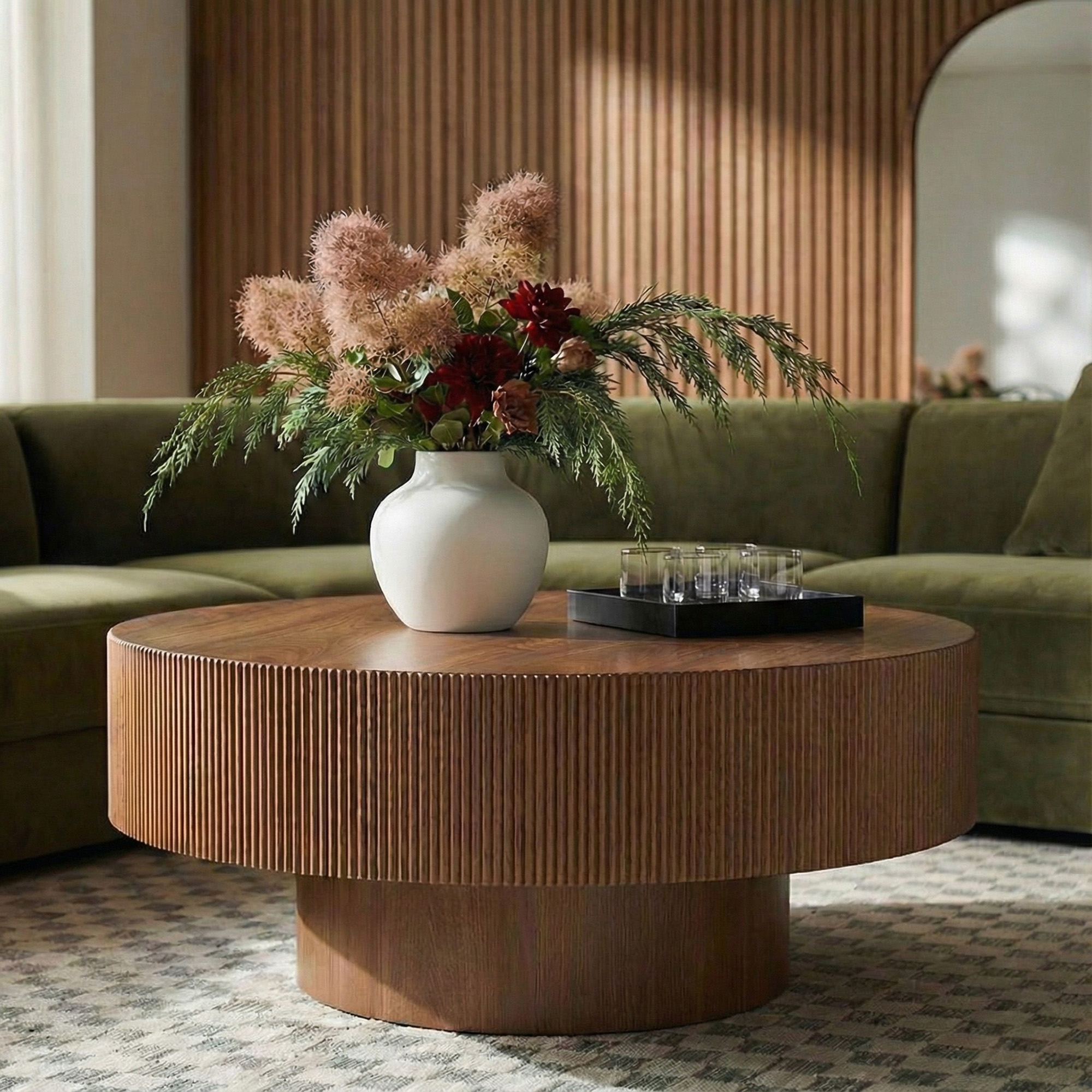Modern Round Coffee Table with Sturdy Base, Wood Sofa Center Tables for Living Room-Walnut