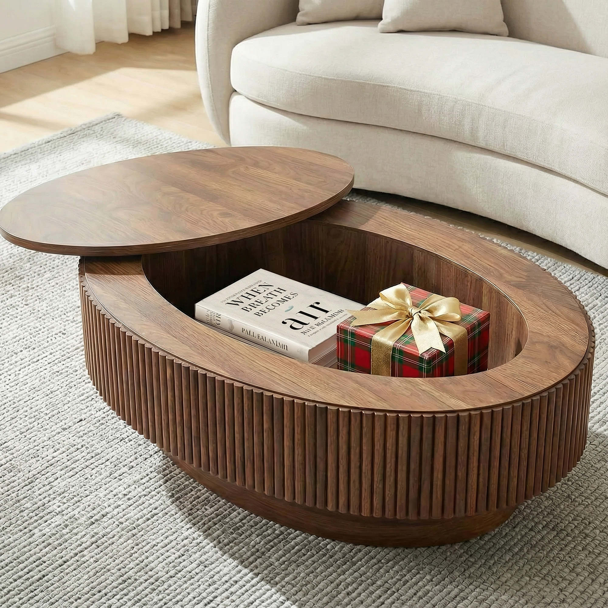 Coffee Table with Hidden Storage, 31.5 Inch Wide Modern Coffee Table, Center Table with Fluted Veneered
