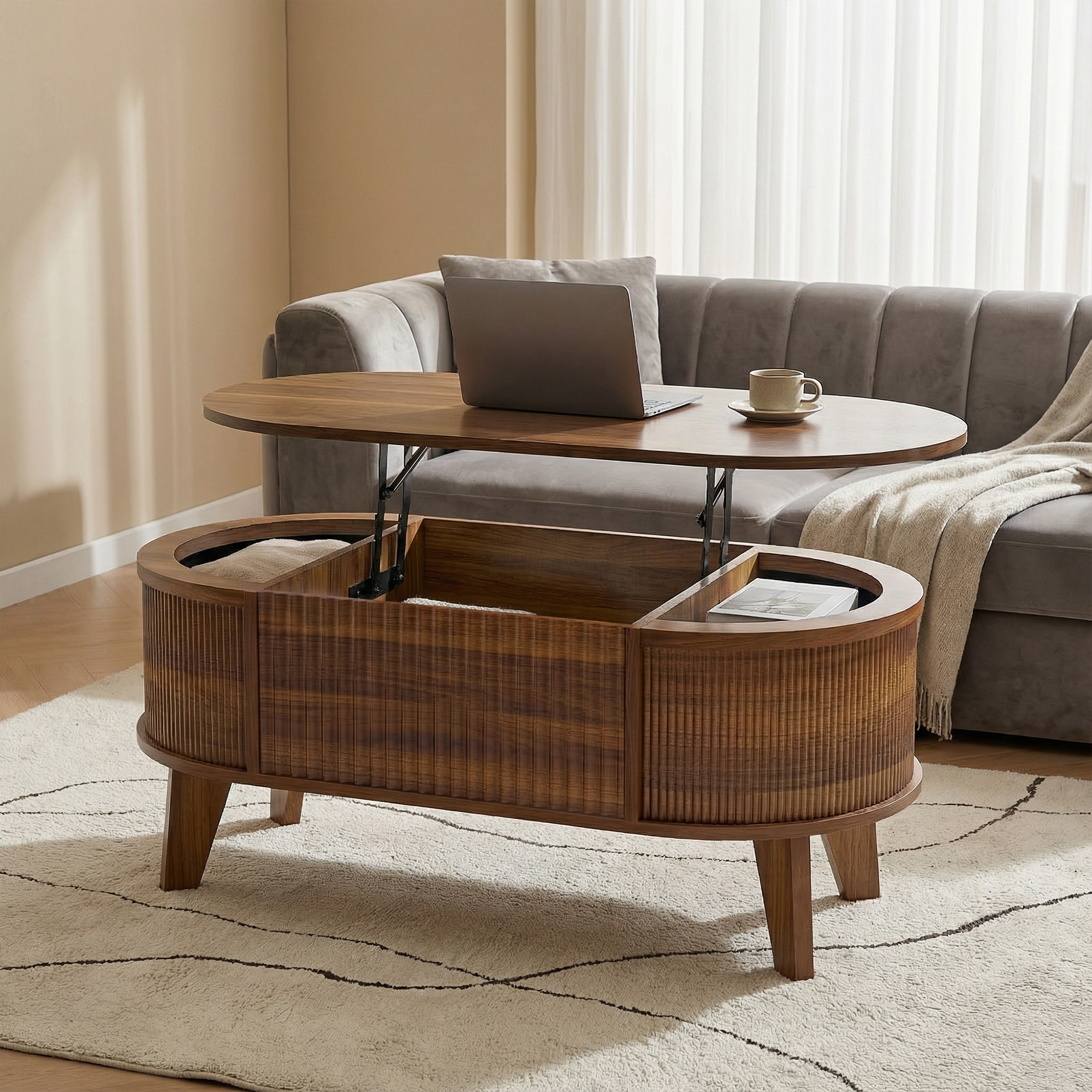LUPUK Fluted Lift Top Coffee Table, Storage Center Table with Walnut Finish