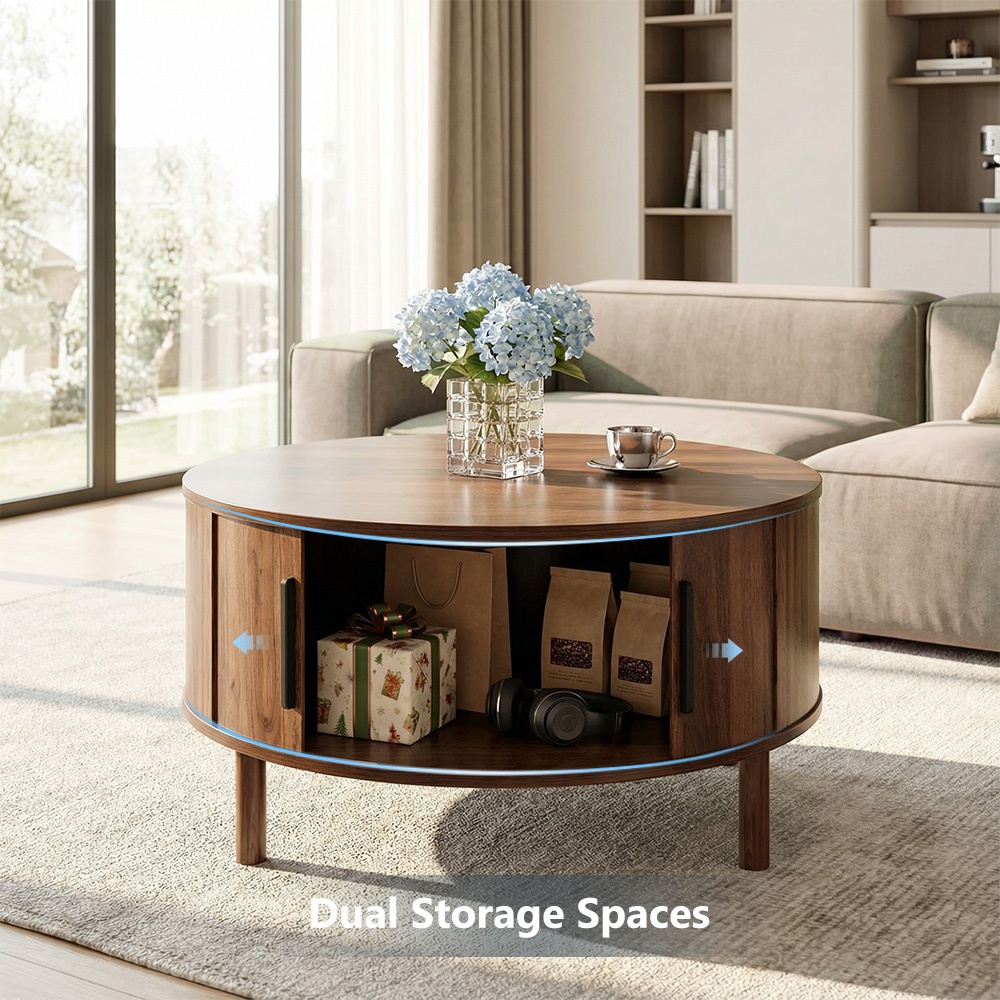 LUPUK Round Coffee Table with Sliding Door, Fluted Design Storage Table, Walnut