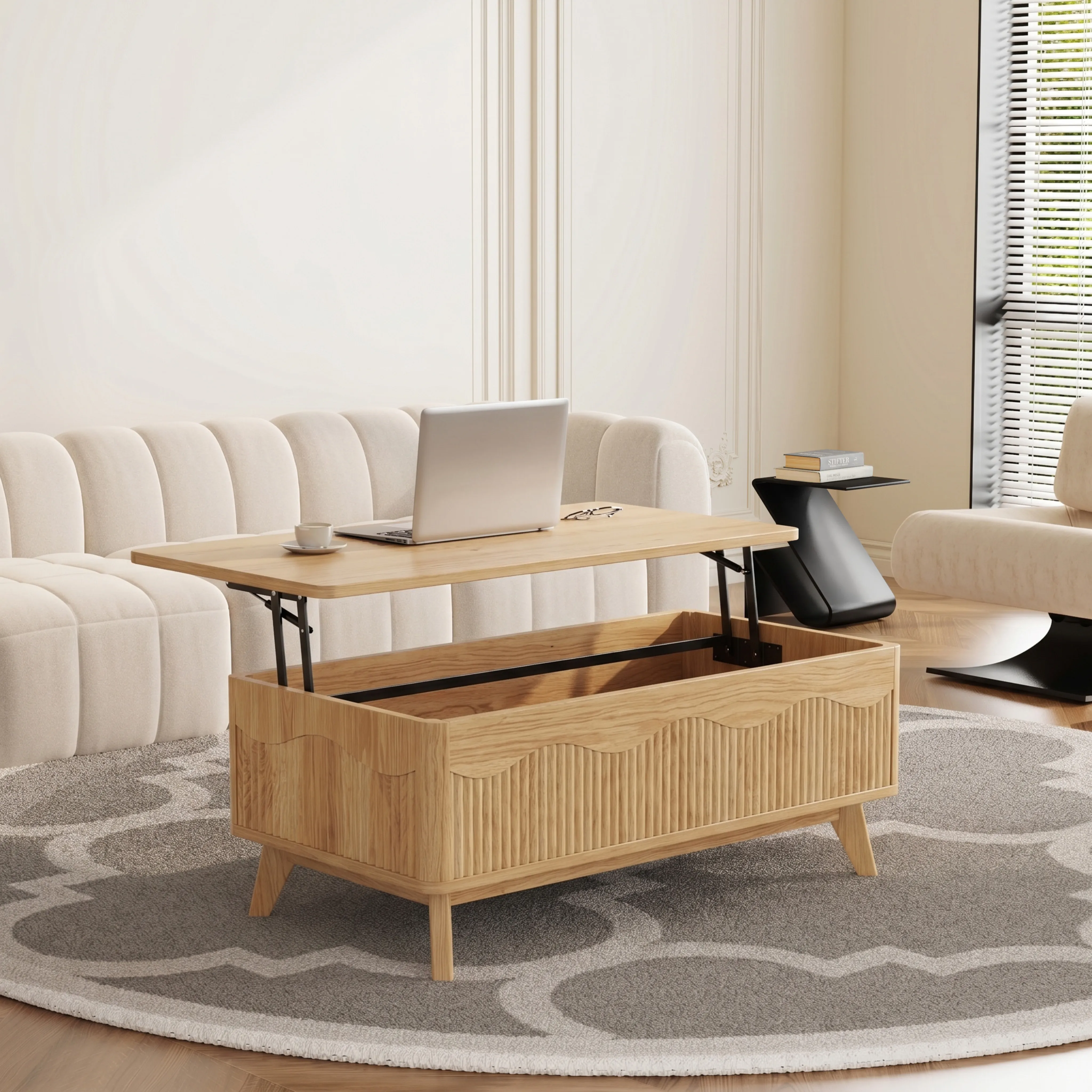 LUPUK Scalloped Lift Top Coffee Table with Hidden Storage