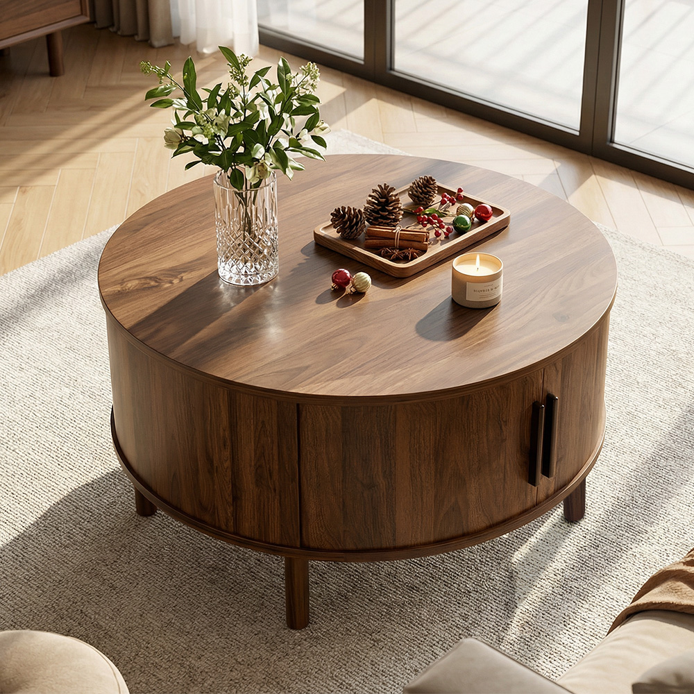 Modern Walnut Round Coffee Table with Fluted Design & Sliding-Door Storage