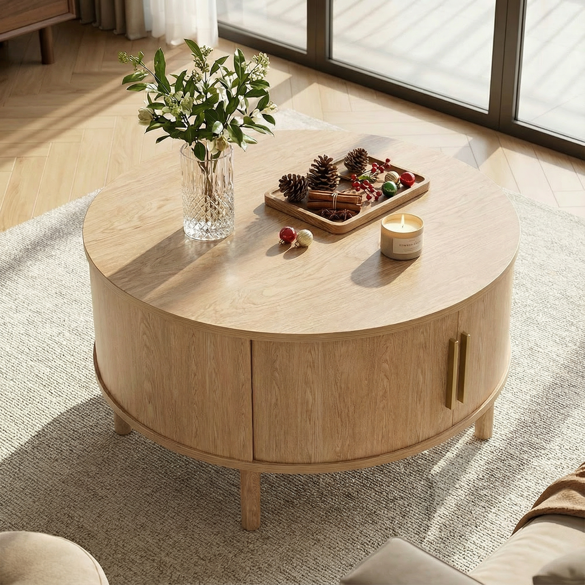 Modern Walnut Round Coffee Table with Fluted Design & Sliding-Door Storage - Oak