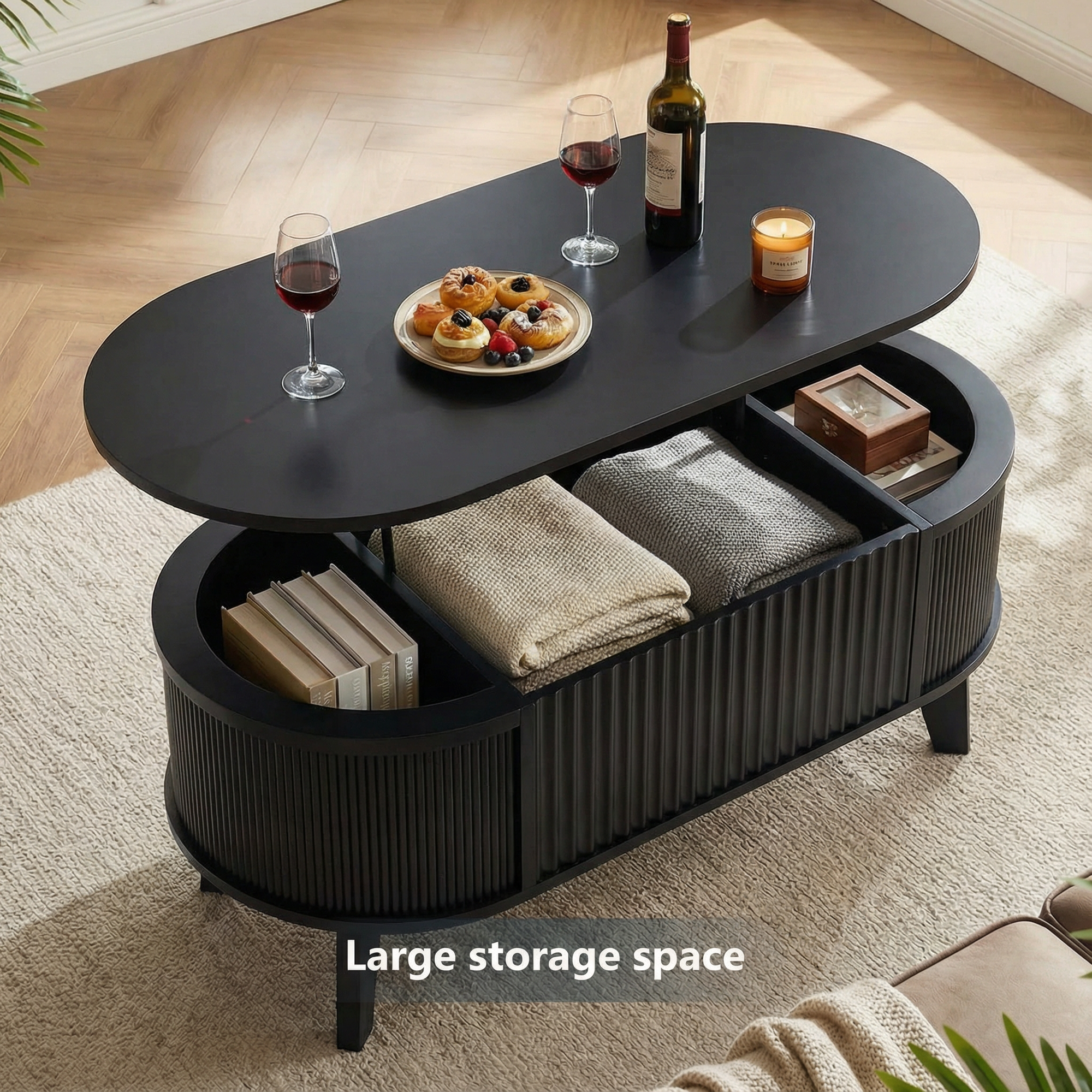 Fluted Lift Top Coffee Table with Storage for Living Room or Home Office-black