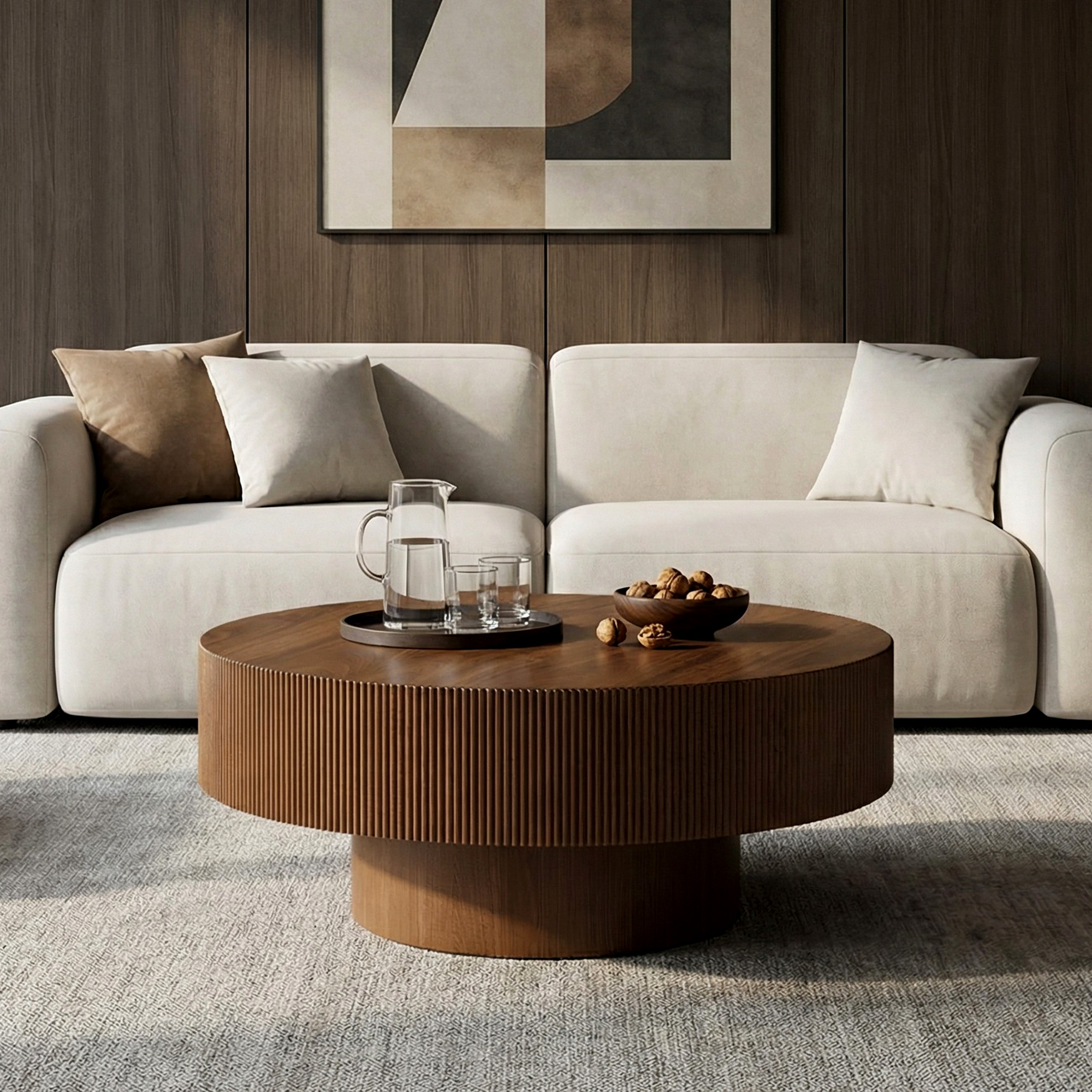 Modern Round Coffee Table with Sturdy Base, Wood Sofa Center Tables for Living Room-Walnut