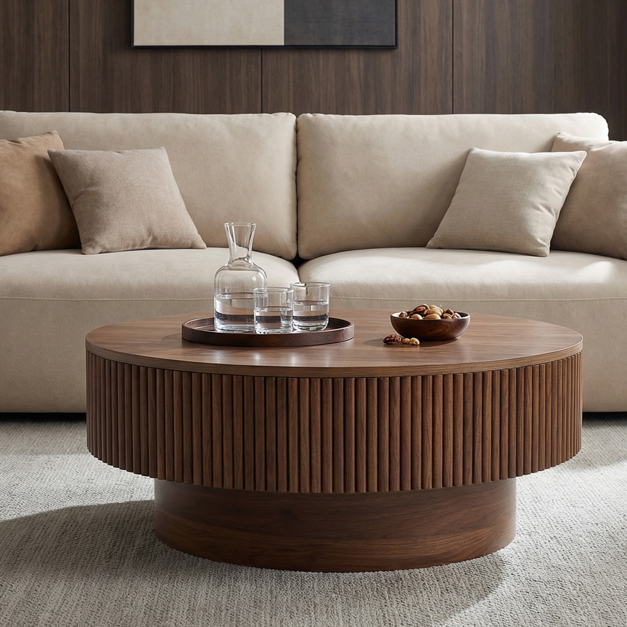 Coffee Table with Hidden Storage, 31.5 Inch Wide Modern Coffee Table, Center Table with Fluted Veneered