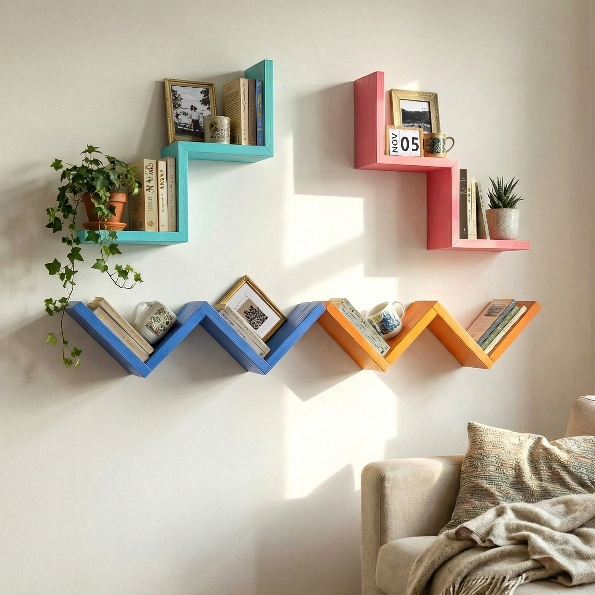 LUPUK DIY Modular W-Shape Wall Shelf (blue)，Set of 4 Wall Mounted Shelves