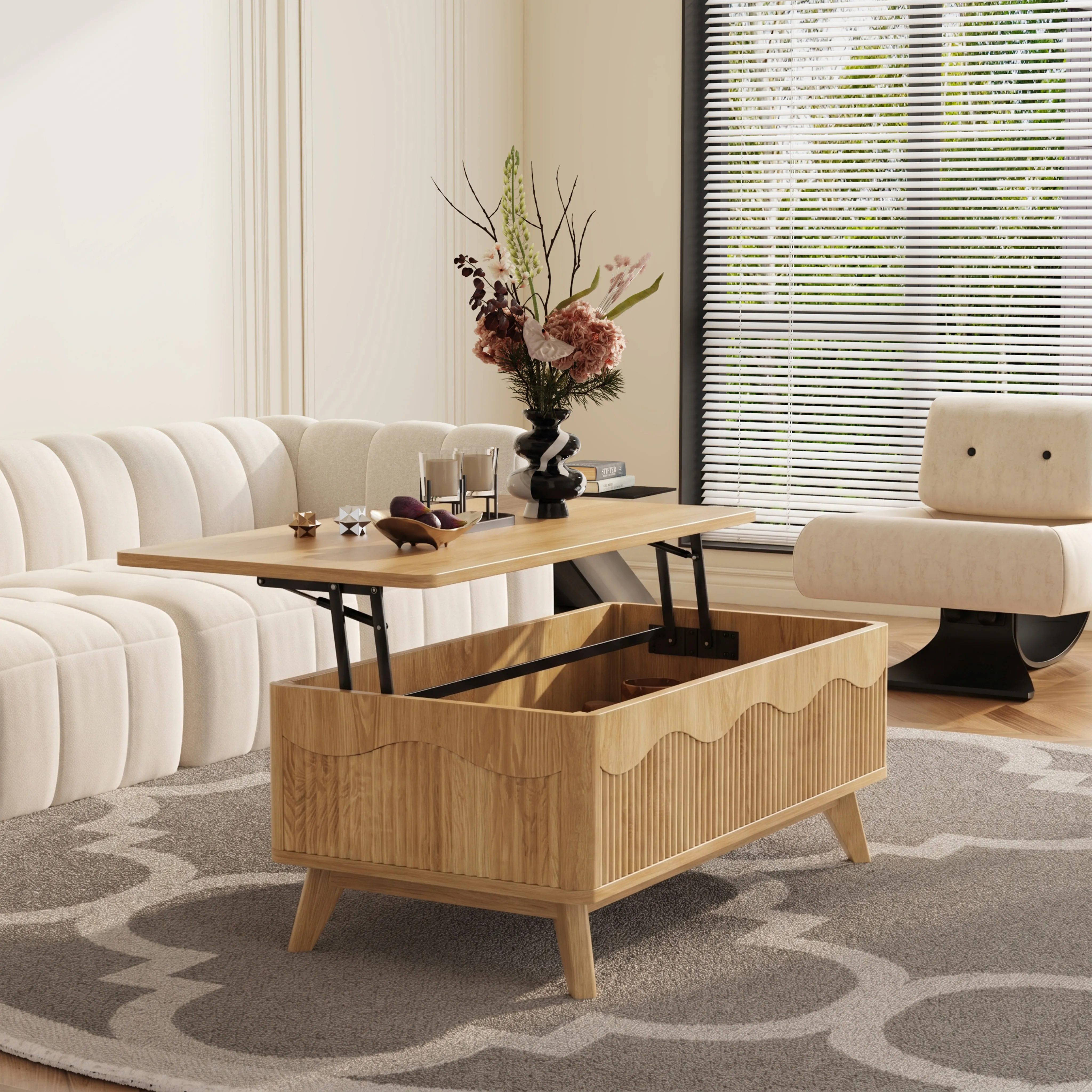 LUPUK Scalloped Lift Top Coffee Table with Hidden Storage