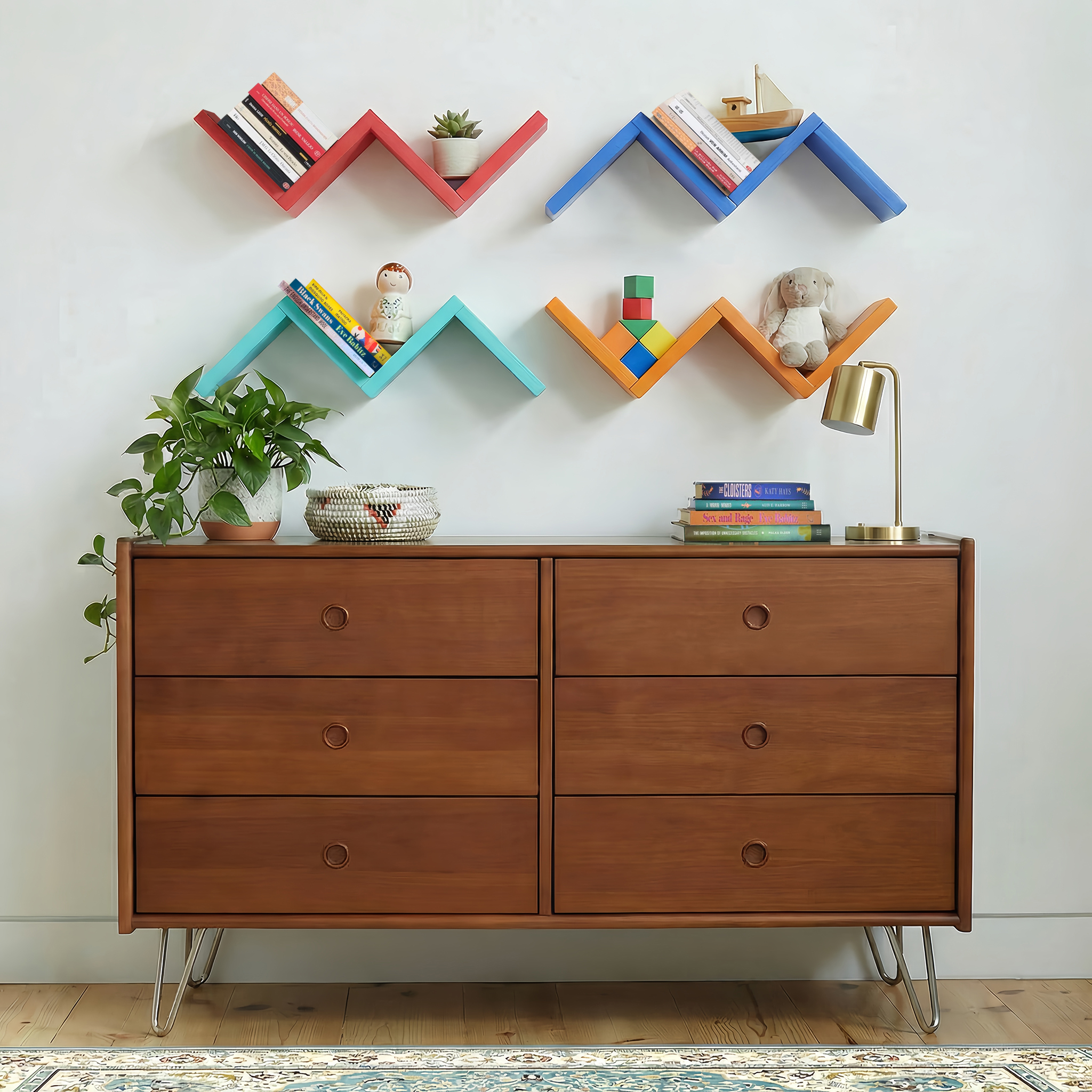 LUPUK DIY Modular W-Shape Wall Shelf (blue)，Set of 4 Wall Mounted Shelves