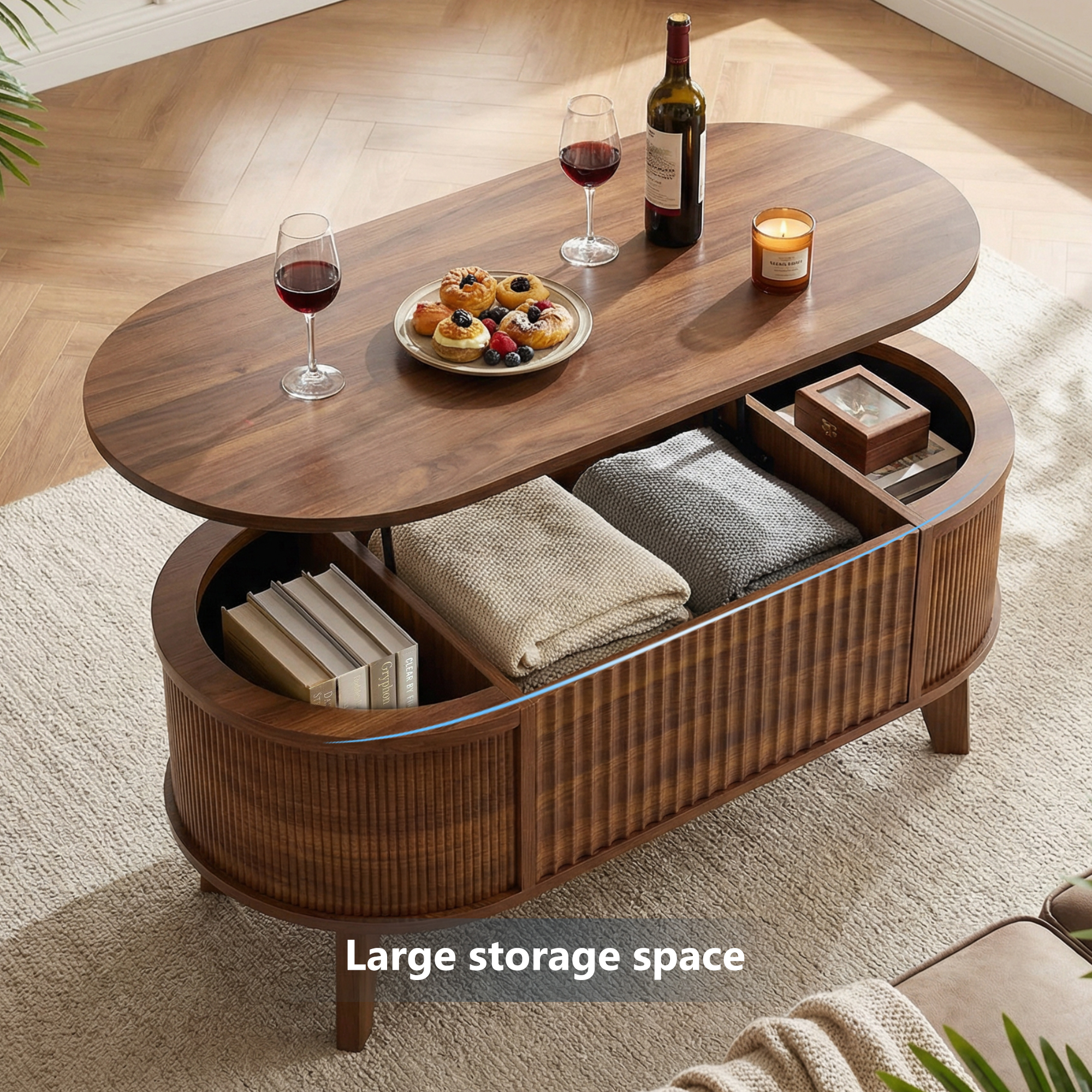 Fluted Lift Top Coffee Table with Storage for Living Room or Home Office