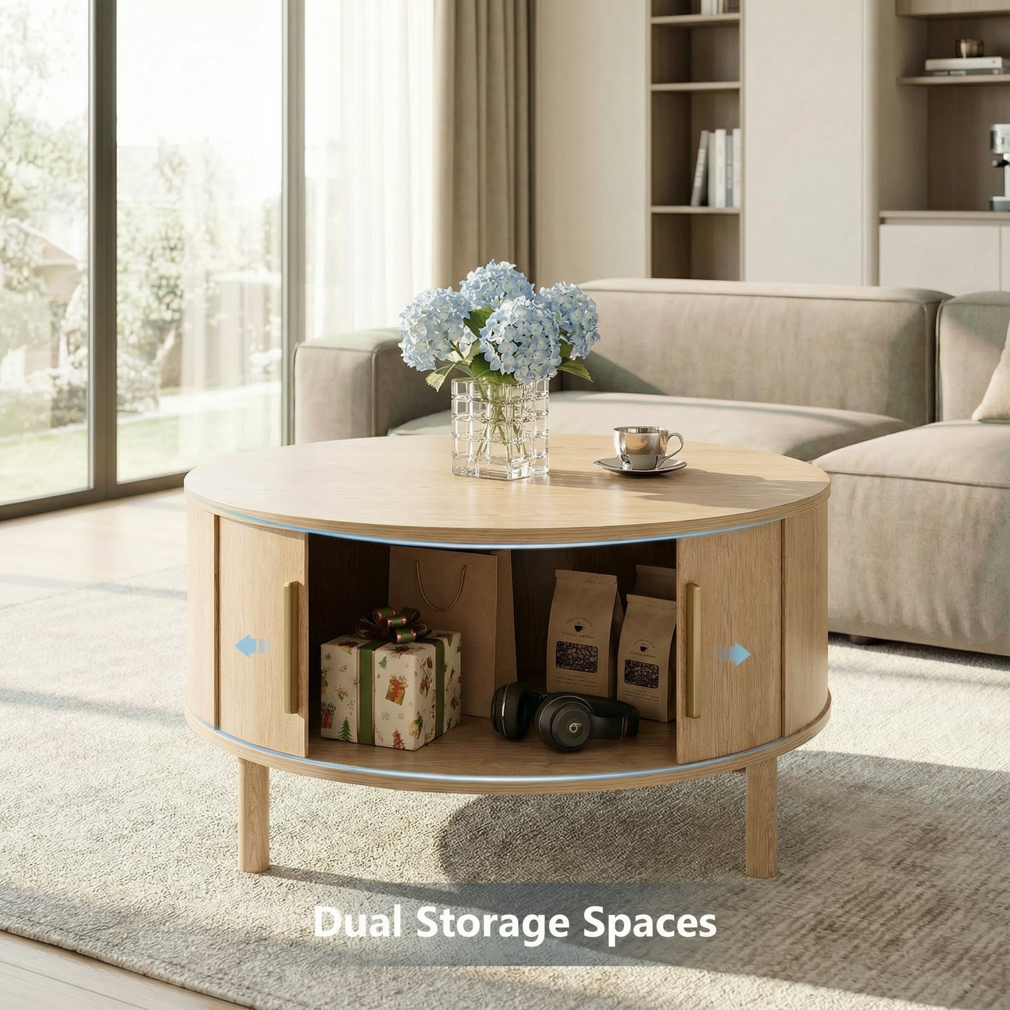 Modern Walnut Round Coffee Table with Fluted Design & Sliding-Door Storage - Oak