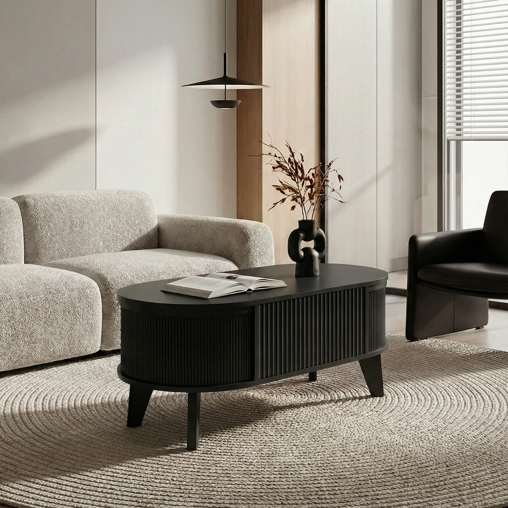 Fluted Lift Top Coffee Table with Storage for Living Room or Home Office-black