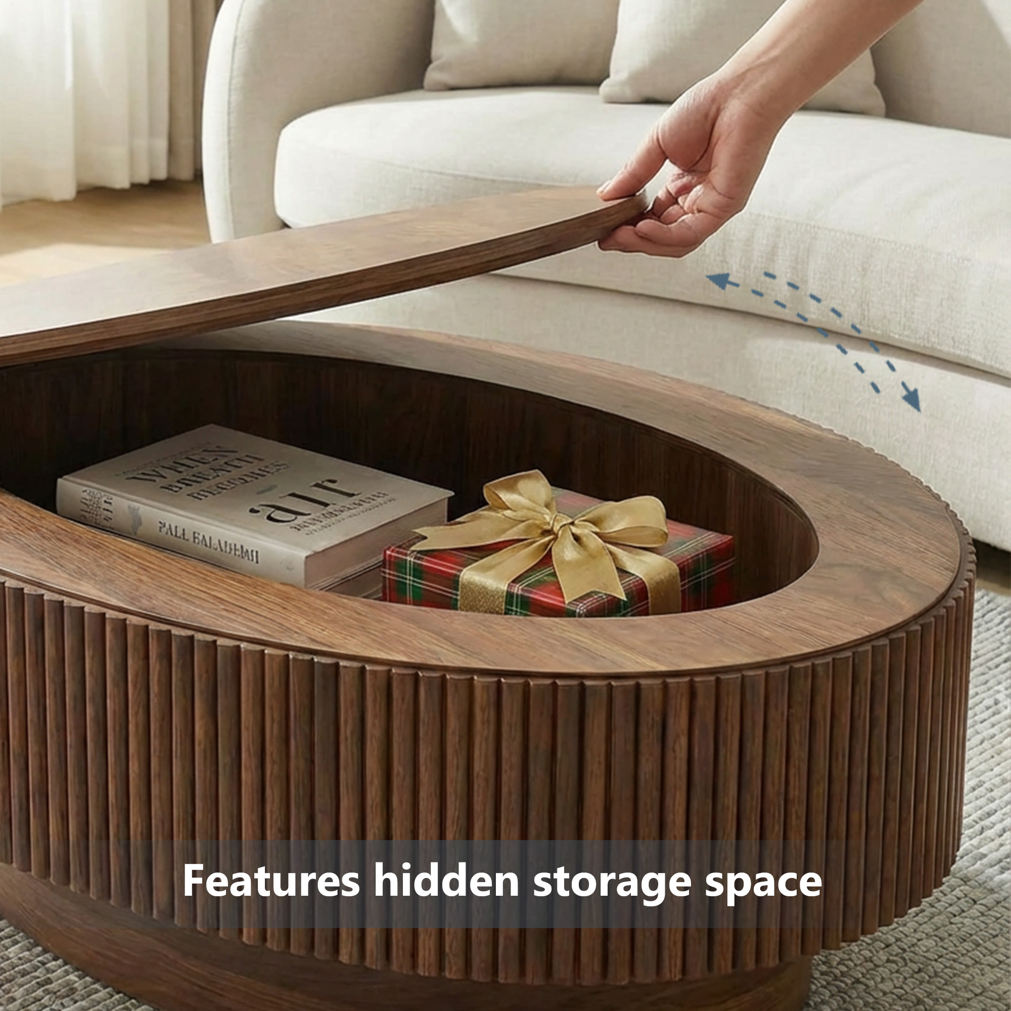 Coffee Table with Hidden Storage, 31.5 Inch Wide Modern Coffee Table, Center Table with Fluted Veneered