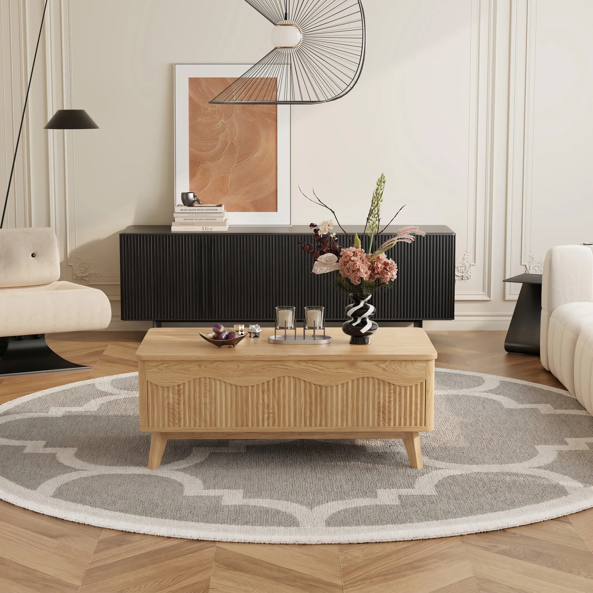 LUPUK Scalloped Lift Top Coffee Table with Hidden Storage