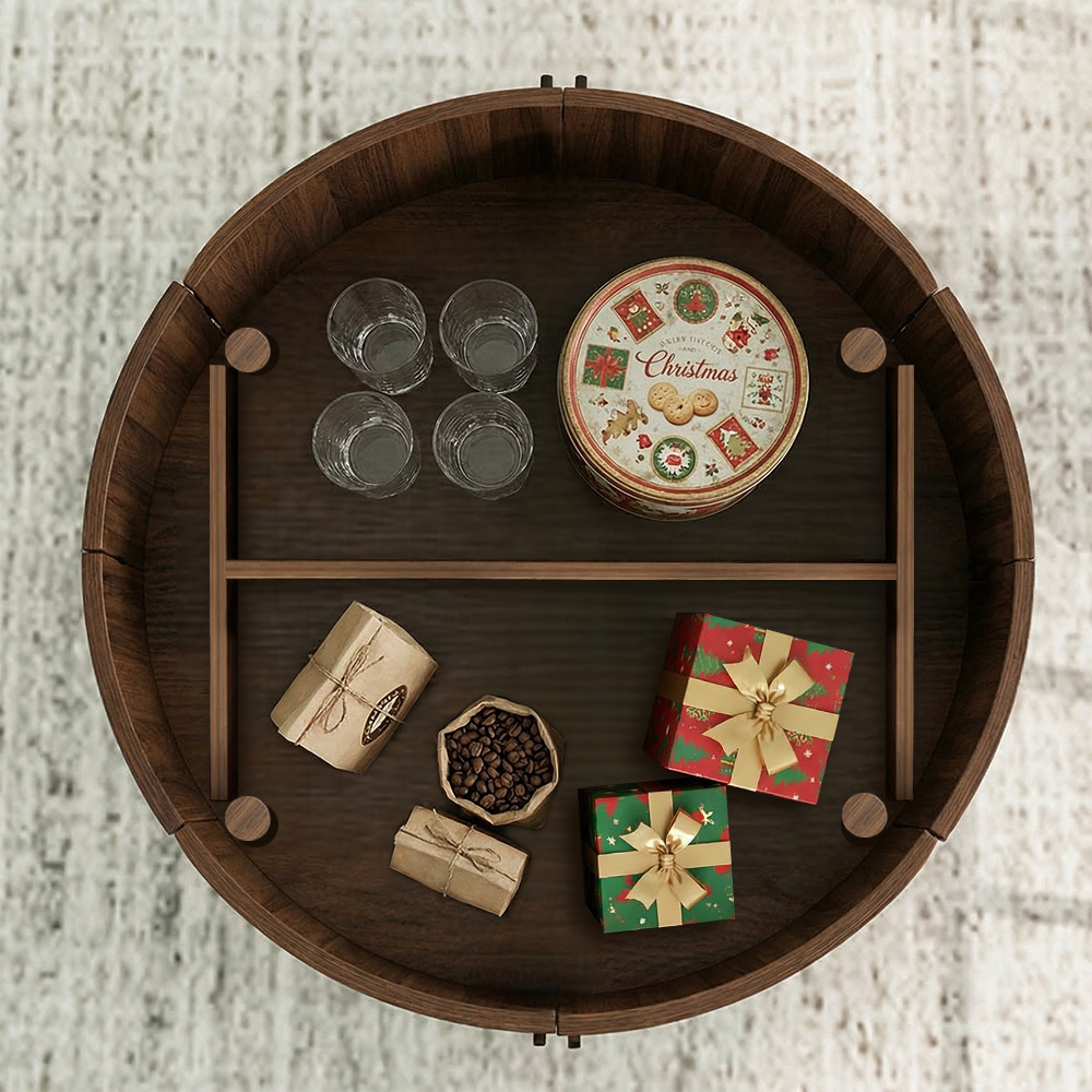 Modern Walnut Round Coffee Table with Fluted Design & Sliding-Door Storage