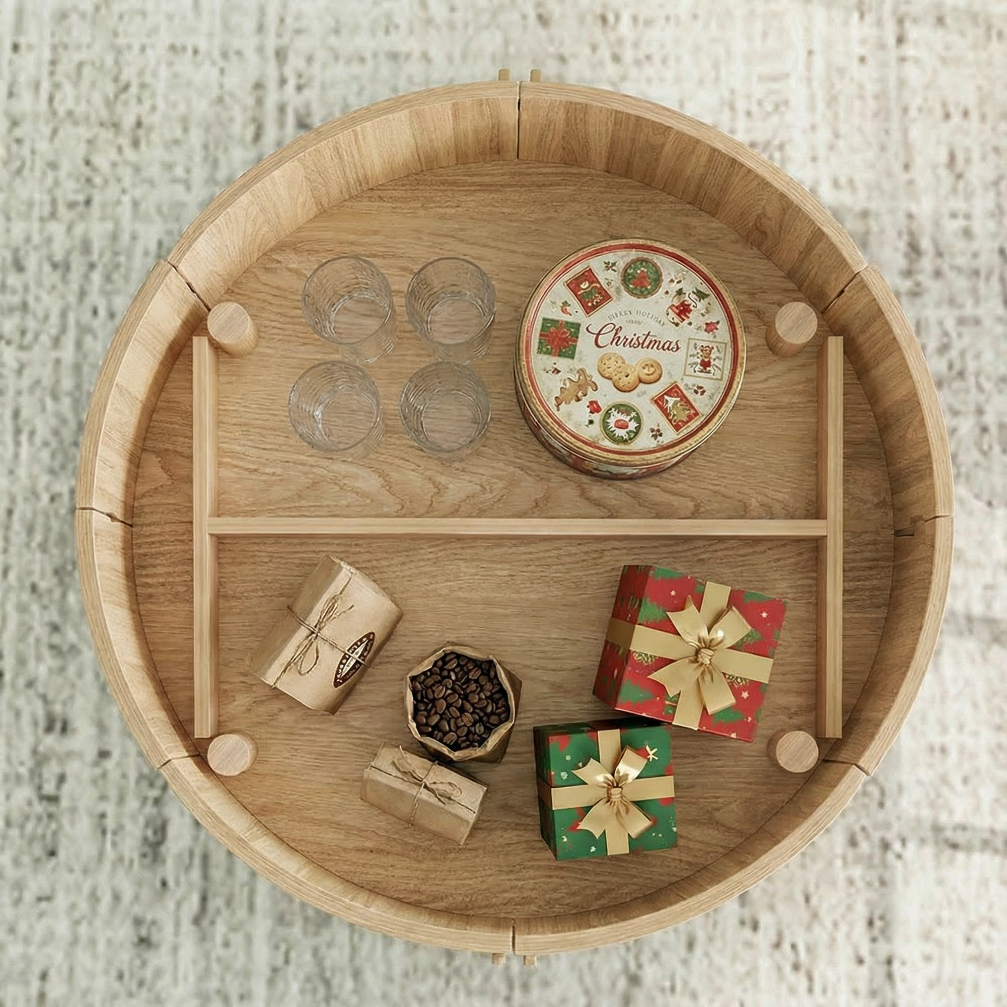 Modern Walnut Round Coffee Table with Fluted Design & Sliding-Door Storage - Oak