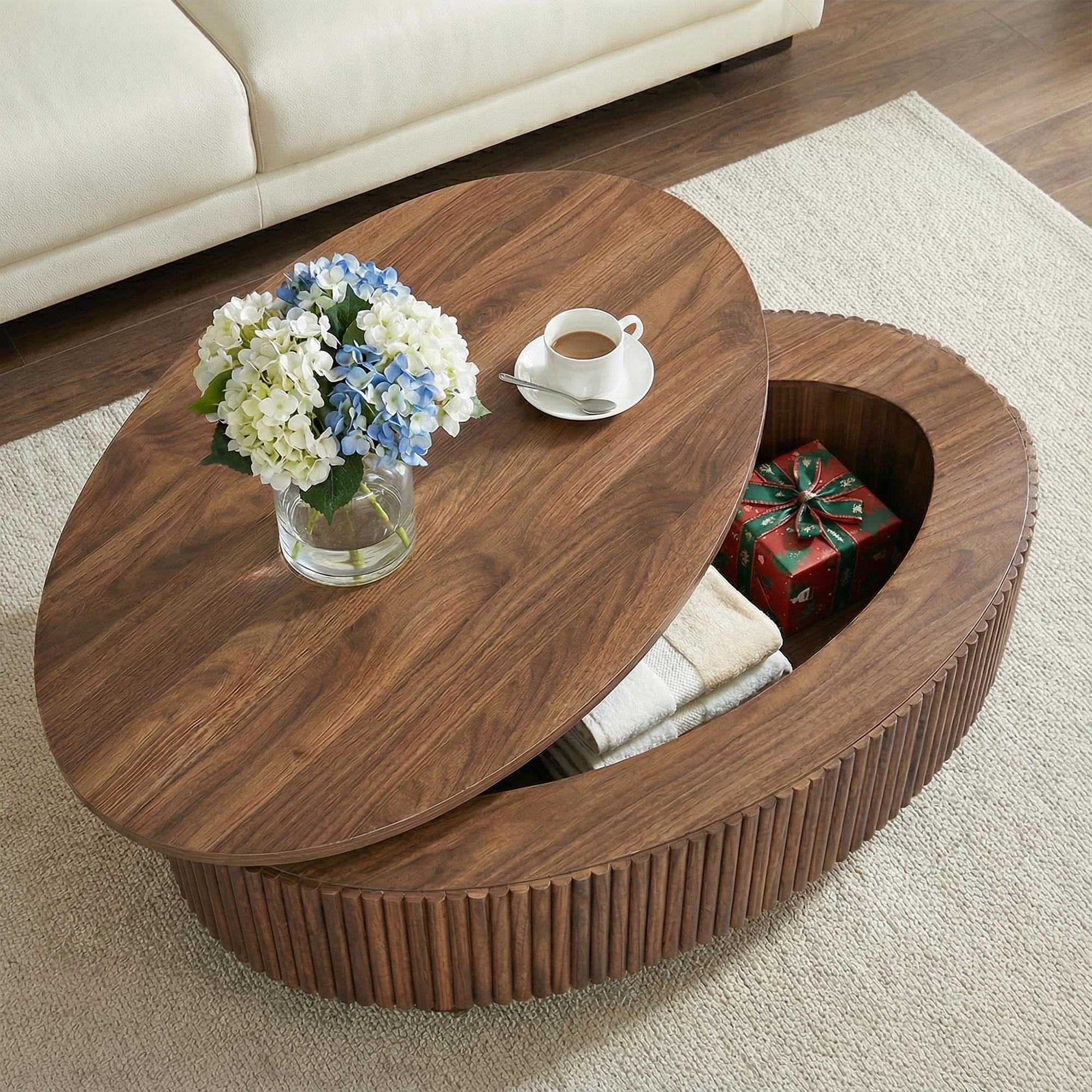 Coffee Table with Hidden Storage, 31.5 Inch Wide Modern Coffee Table, Center Table with Fluted Veneered