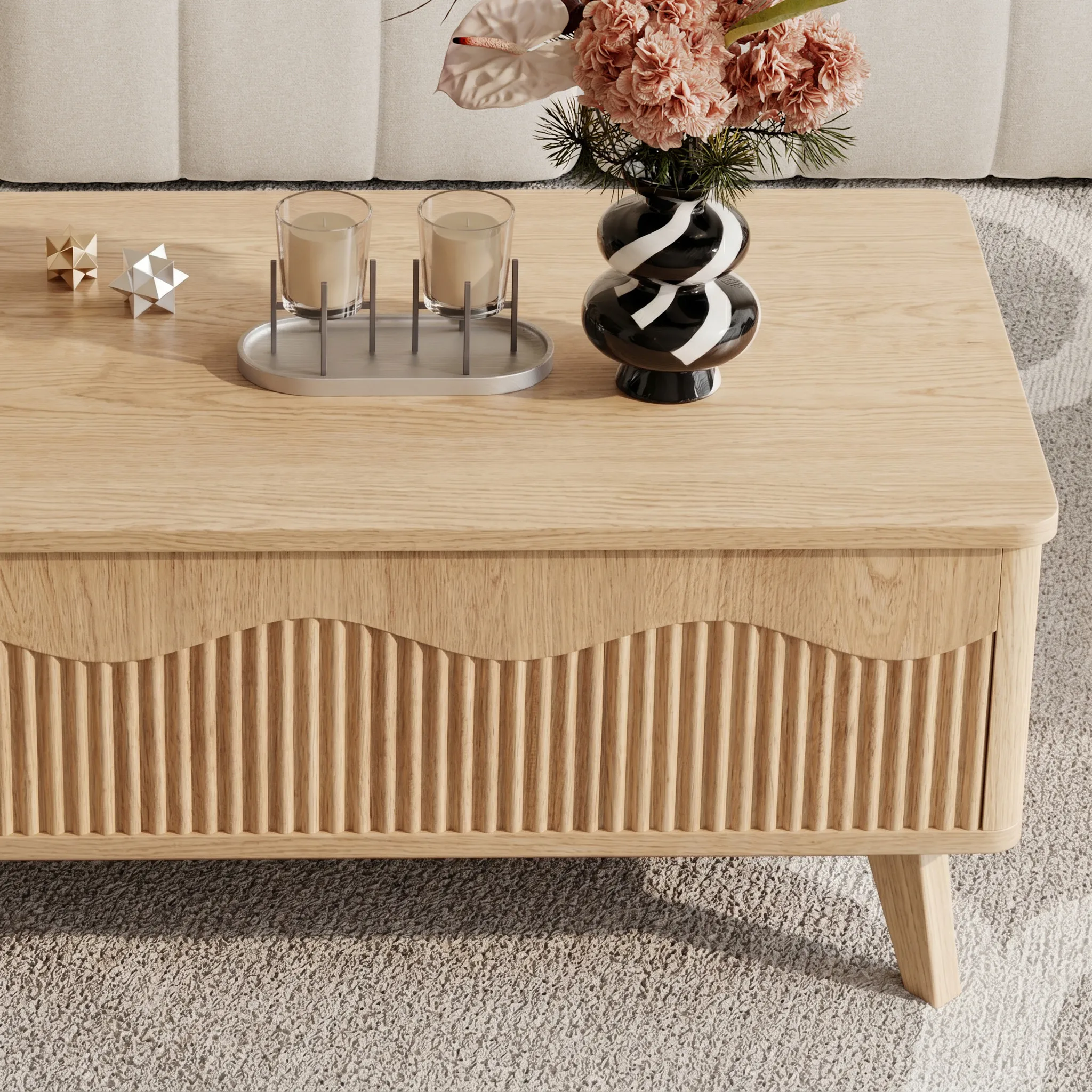 LUPUK Scalloped Lift Top Coffee Table with Hidden Storage