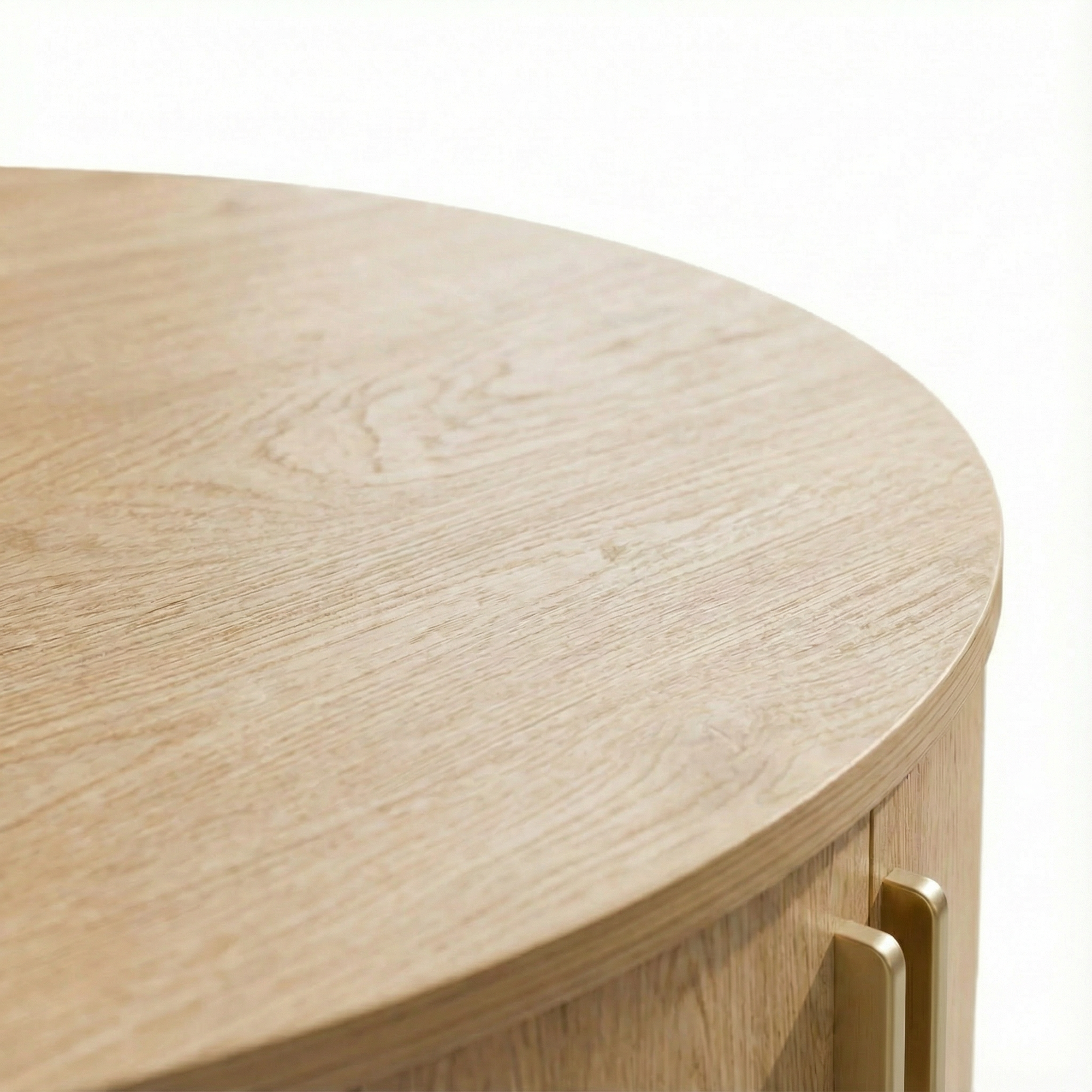 Modern Walnut Round Coffee Table with Fluted Design & Sliding-Door Storage - Oak