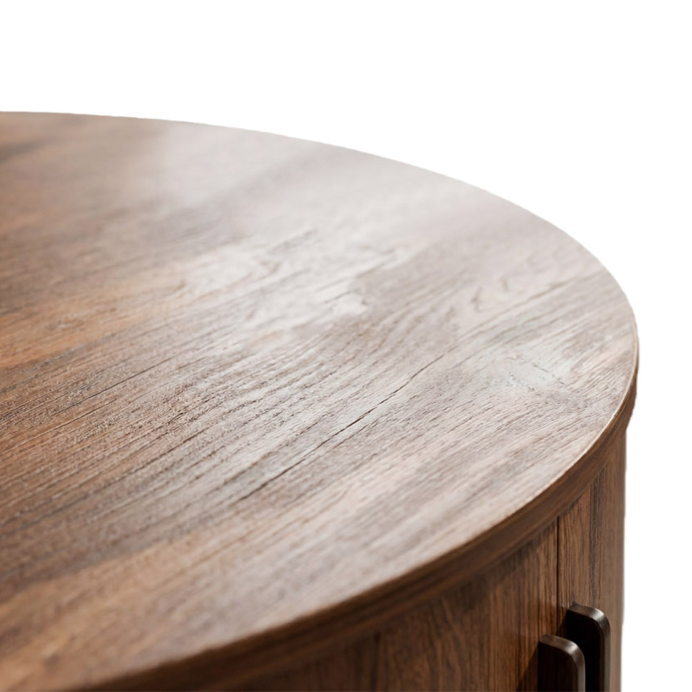 Modern Walnut Round Coffee Table with Fluted Design & Sliding-Door Storage