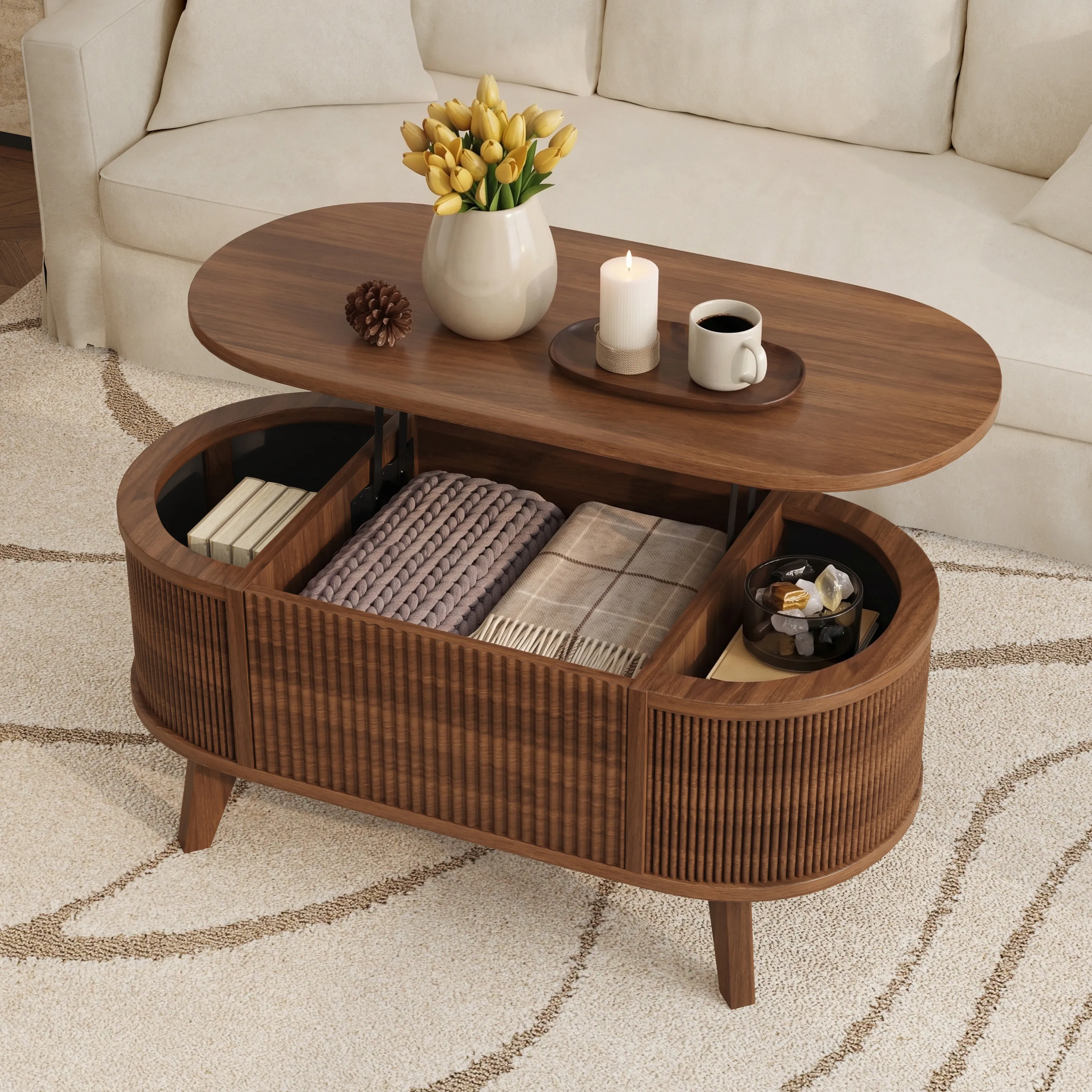 LUPUK Oval Lift Top Coffee Table, Storage Center Table with Walnut Finish