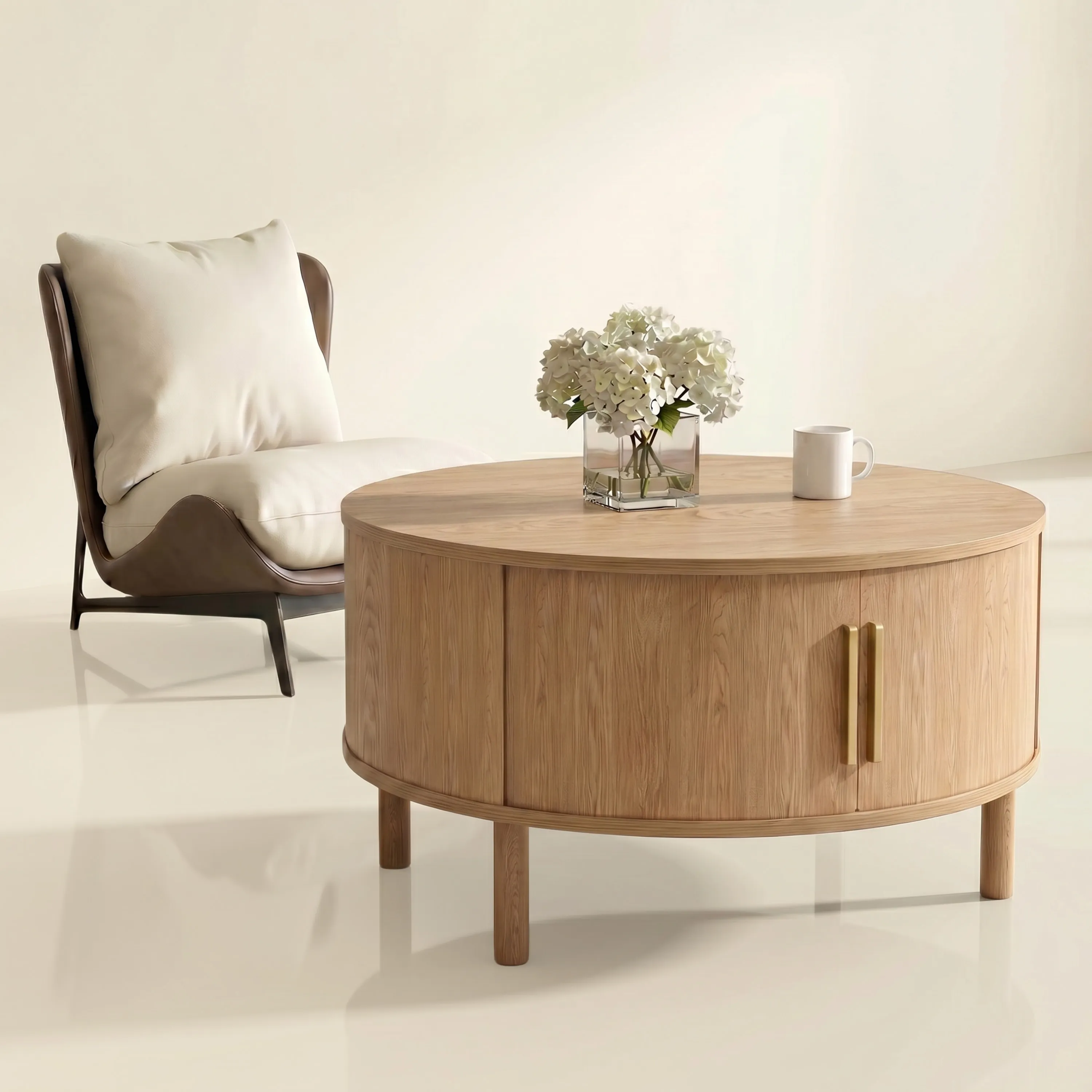 LUPUK Round Coffee Table with Sliding Door, Fluted Design Storage Table, Walnut