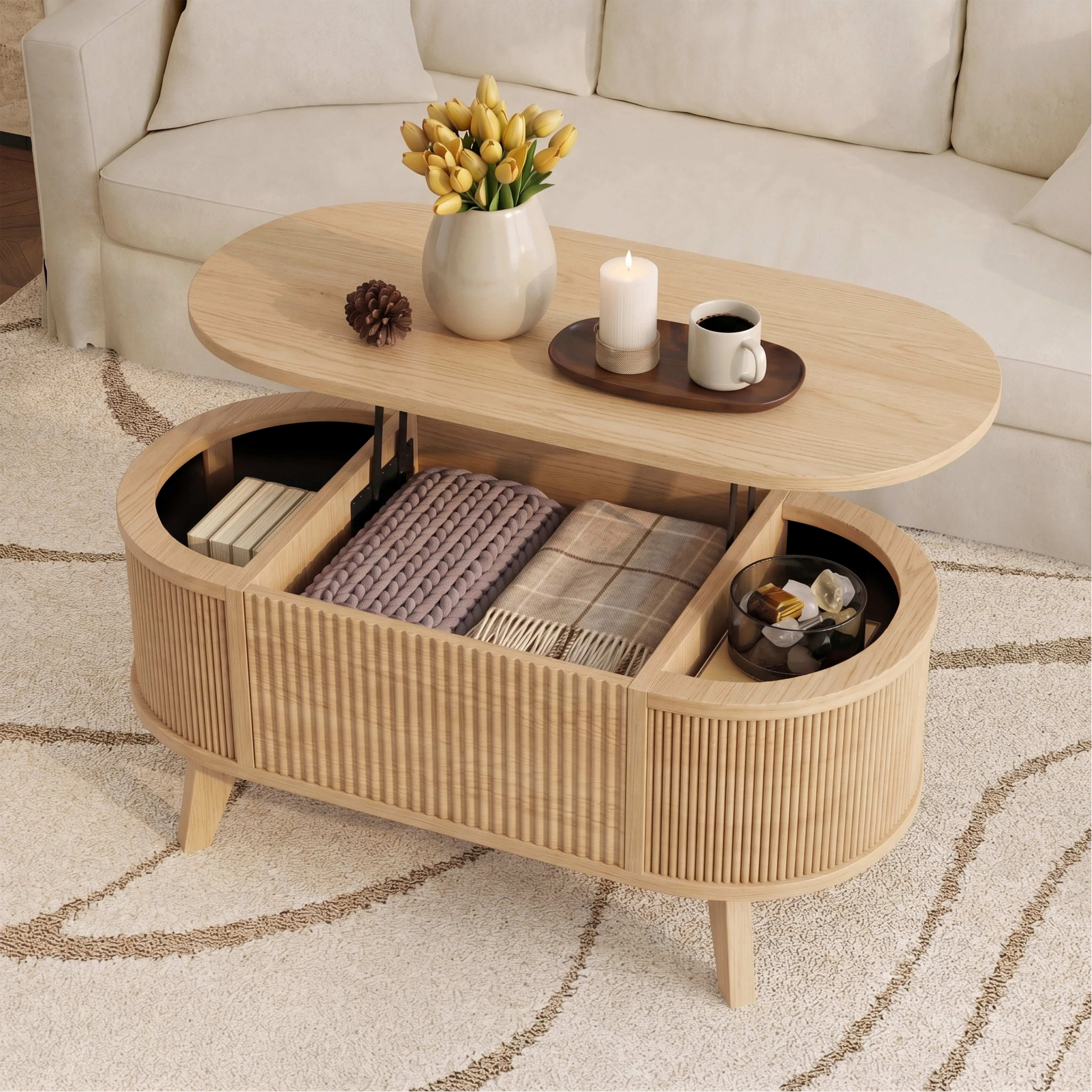 LUPUK Oval Lift Top Coffee Table, Storage Center Table with Walnut Finish