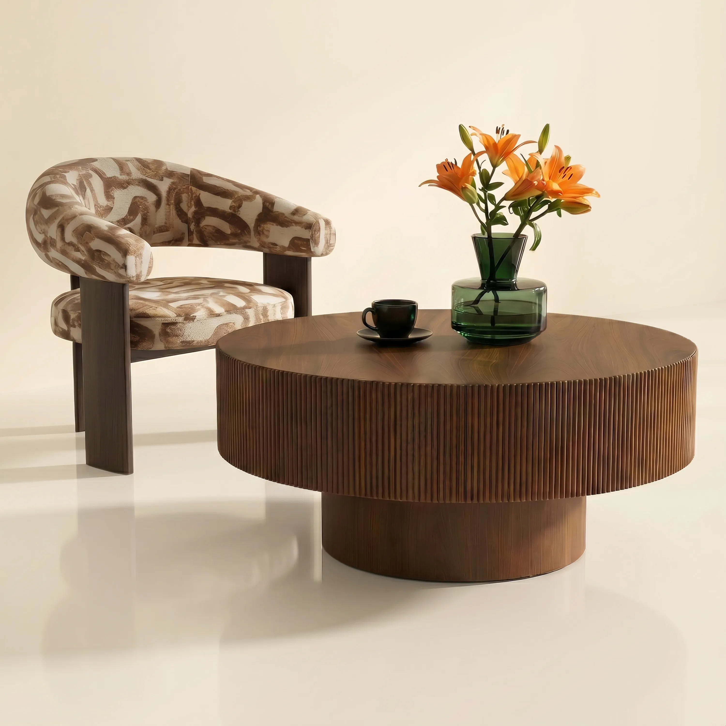 LUPUK Round Coffee Table with Fluted Base, Modern Walnut Finish Center Table