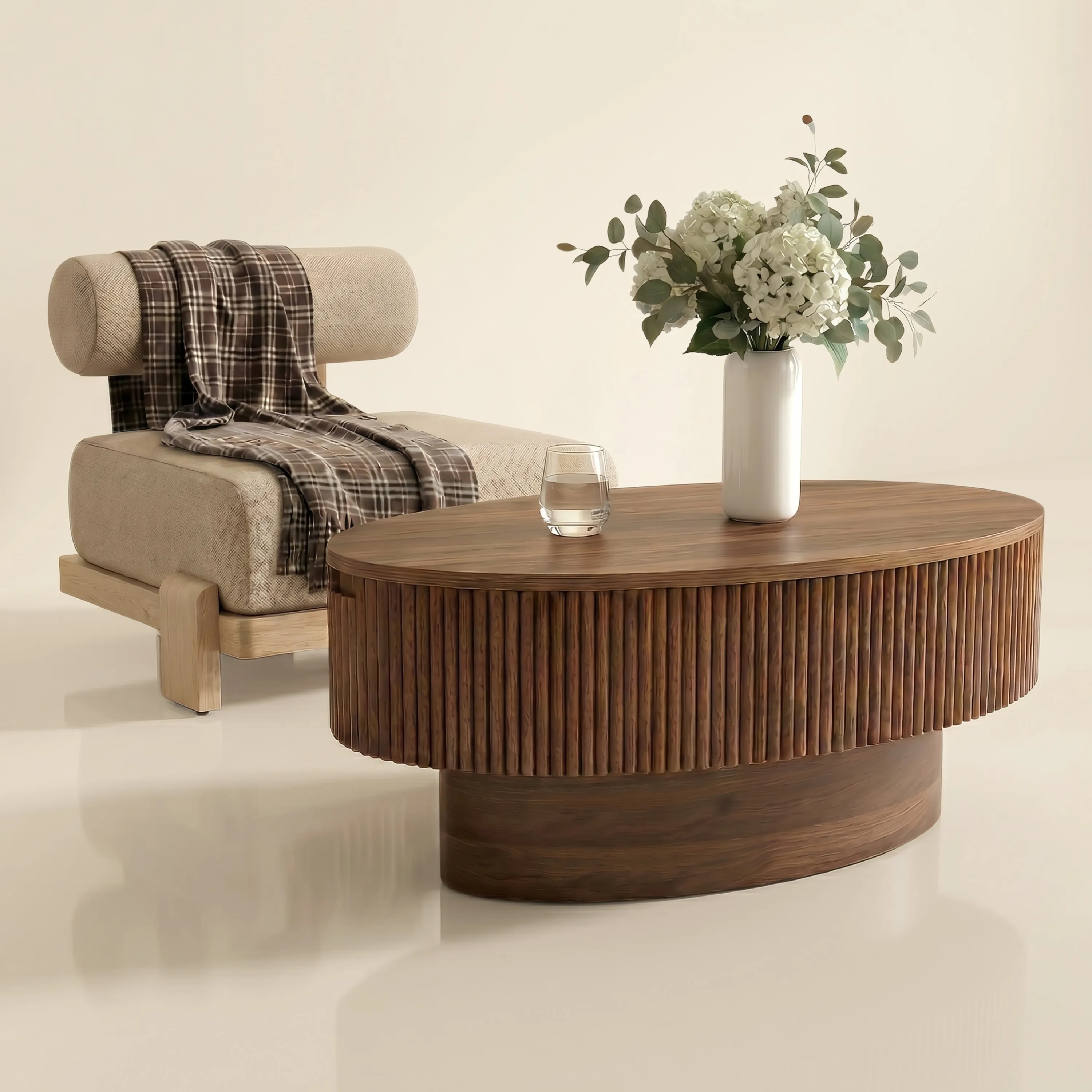 LUPUK 31.5in Space Saving Round Coffee Table with Hidden Storage Walnut Fluted