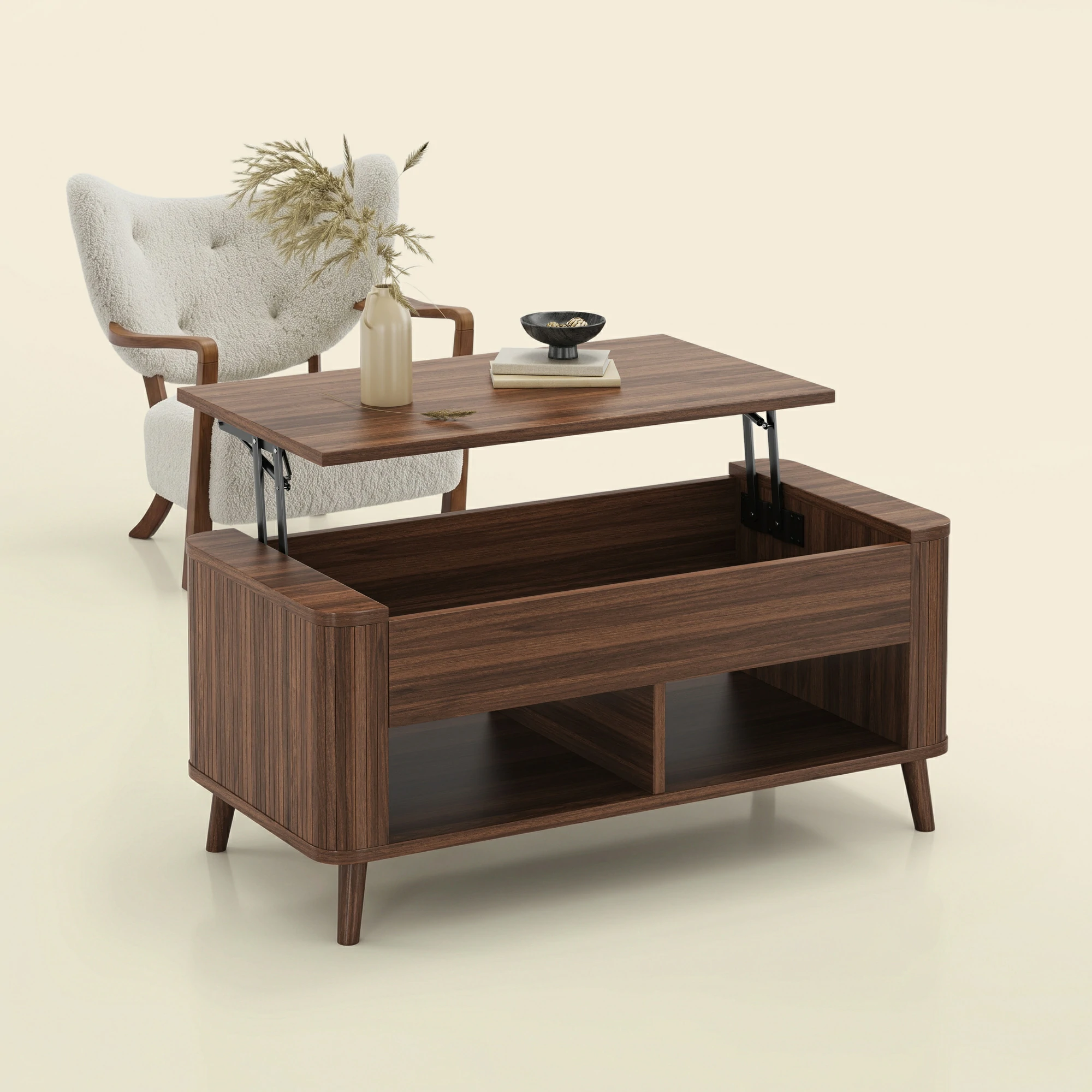 LUPUK Rectangular Lift Top Coffee Table with Hidden Storage and Open Shelves