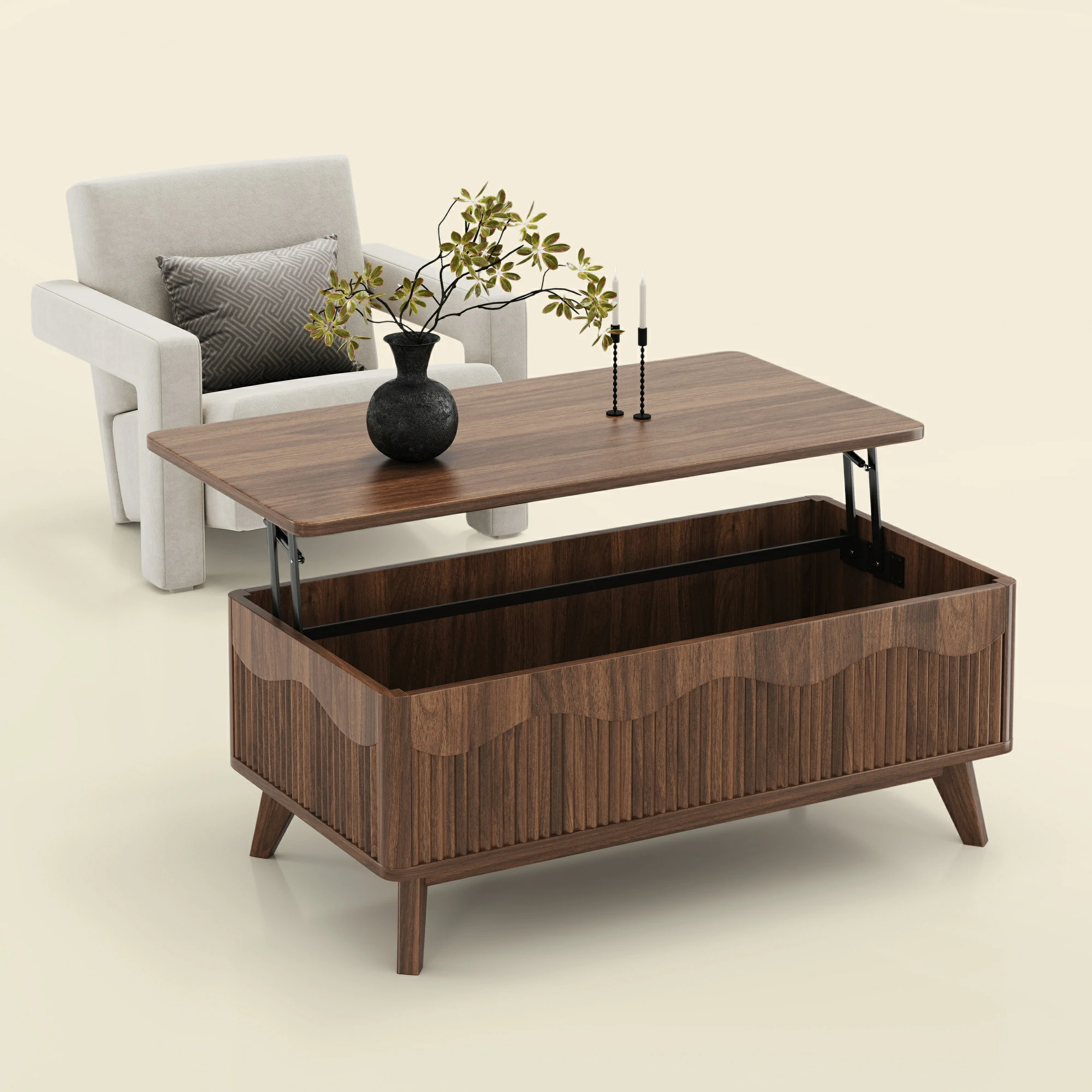 LUPUK Scalloped Lift Top Coffee Table with Hidden Storage
