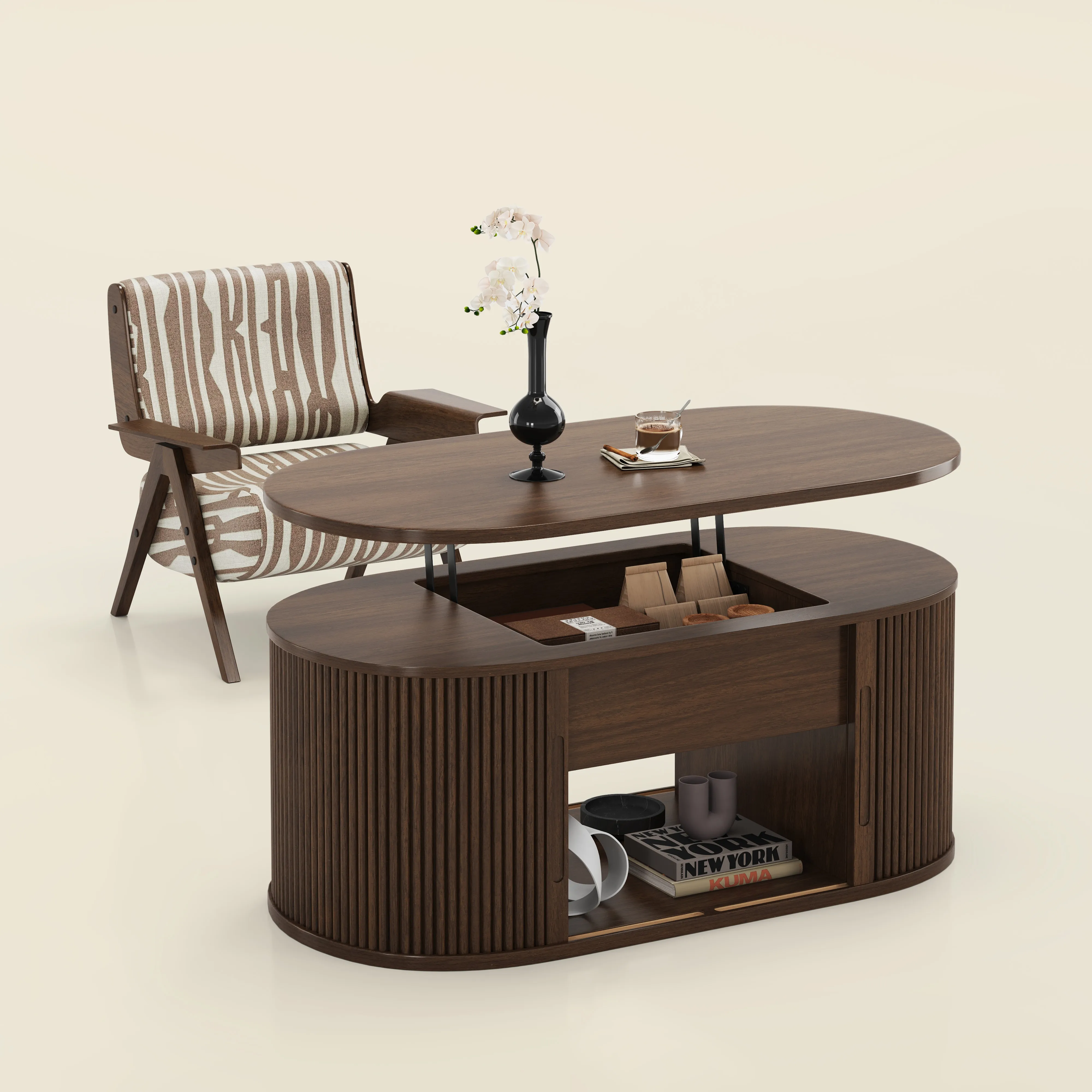 LUPUK Oval Lift Top Coffee Table, Mid-Century Storage Table with Tambour Doors