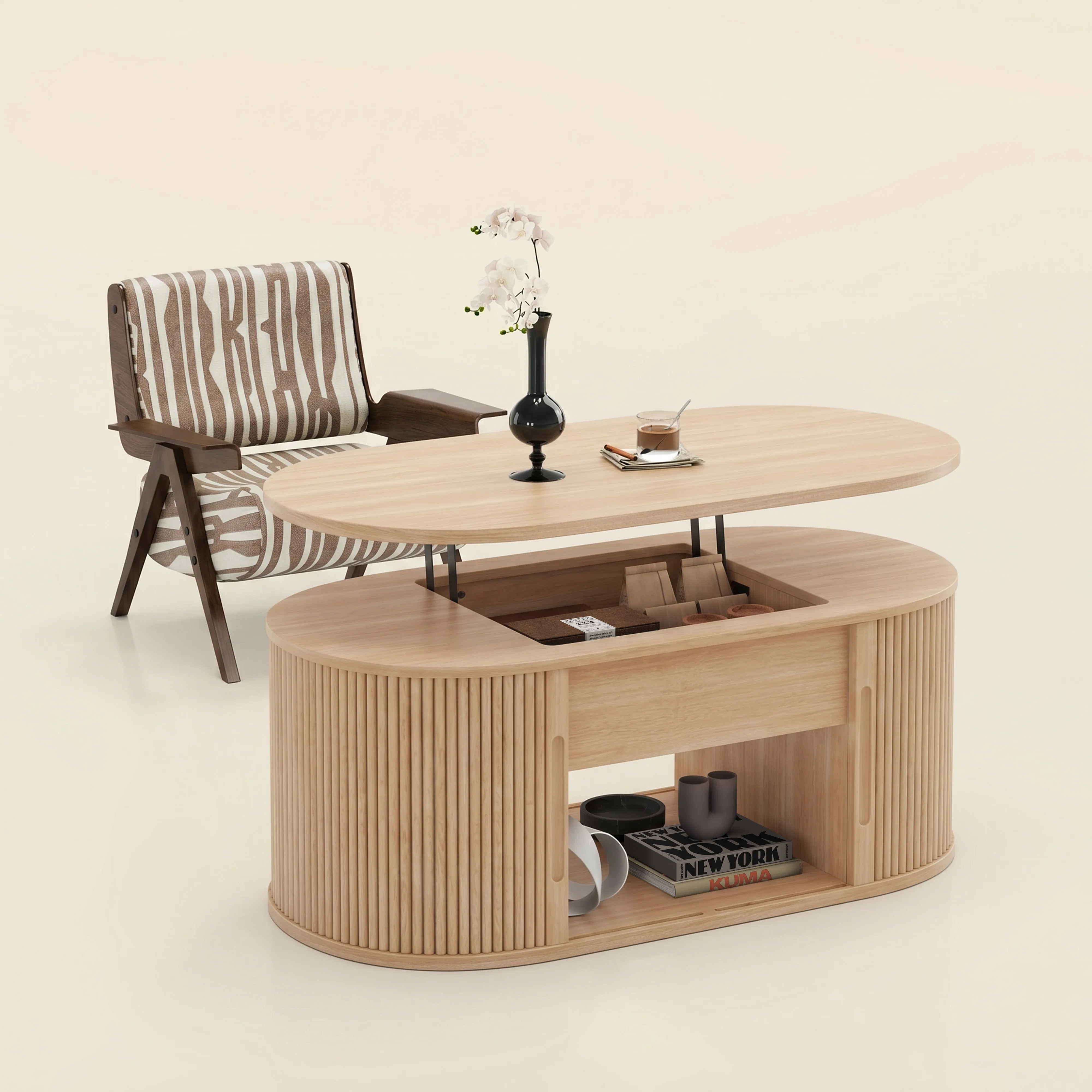 LUPUK Oval Lift Top Coffee Table, Mid-Century Storage Table with Tambour Doors