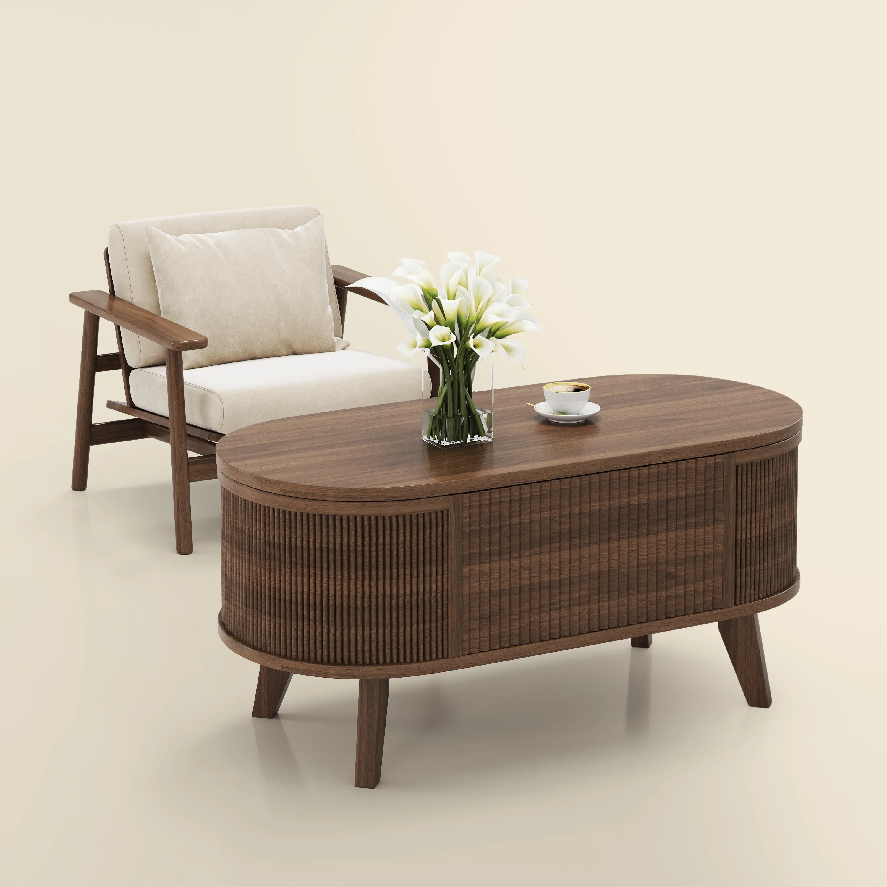 LUPUK Fluted Lift Top Coffee Table, Storage Center Table with Walnut Finish
